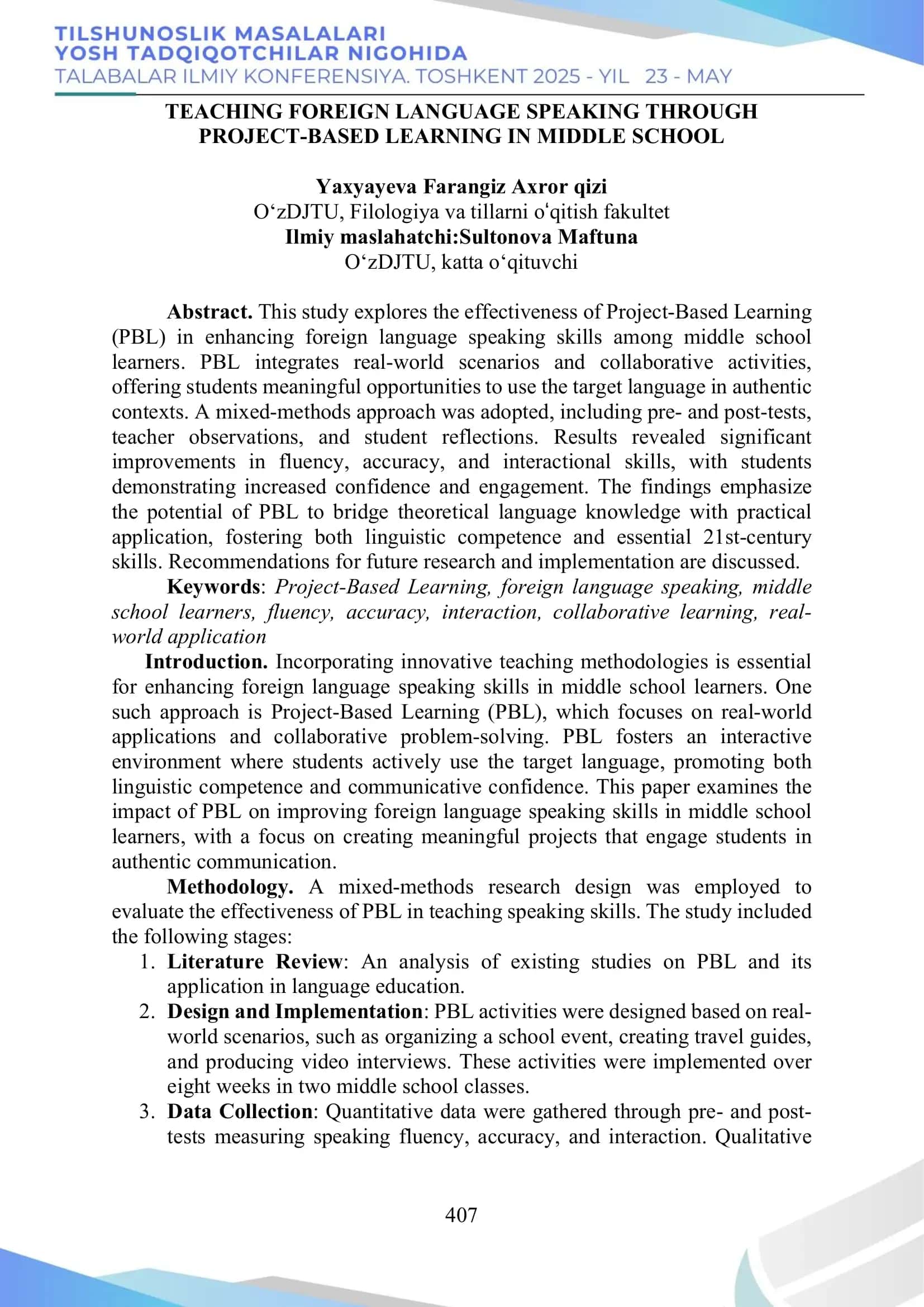 TEACHING FOREIGN LANGUAGE SPEAKING THROUGH PROJECT-BASED LEARNING IN MIDDLE SCHOOL 1