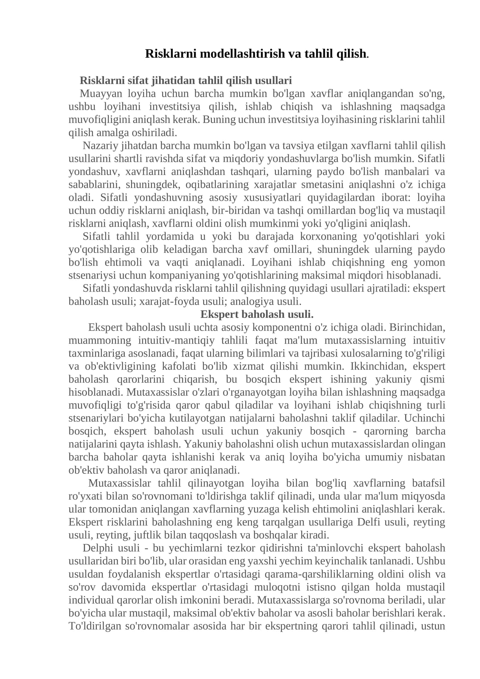 Risklarni modellashtirish va tahlil qilish 1