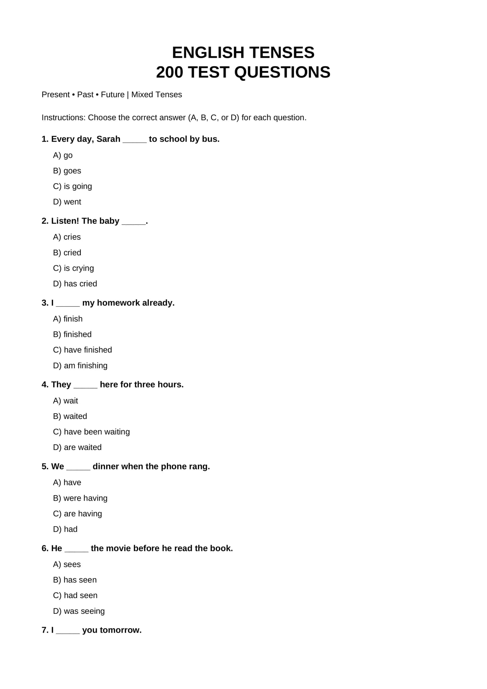 English Tenses 200 Test 1