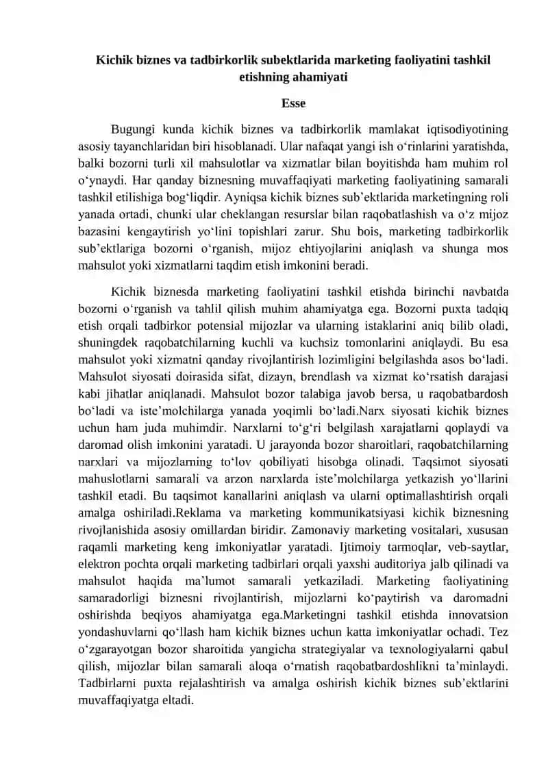 Esse. Kichik biznes va tadbirkorlik subʼektlarida marketing faoliyatini tashkil etish.