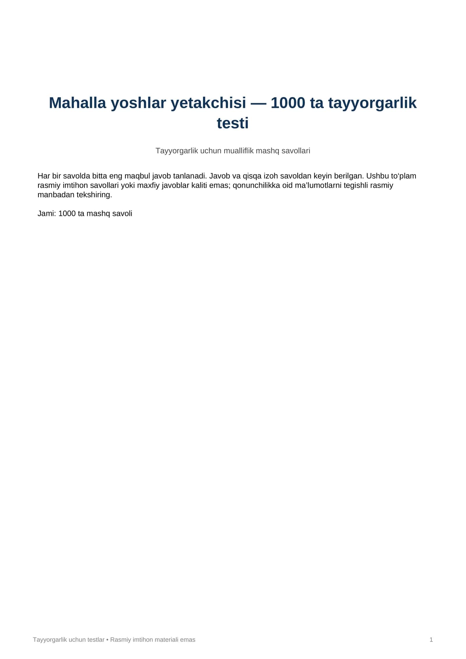 Mahalla yoshlar yetakchisi — 1000 ta tayyorgarlik testi 1