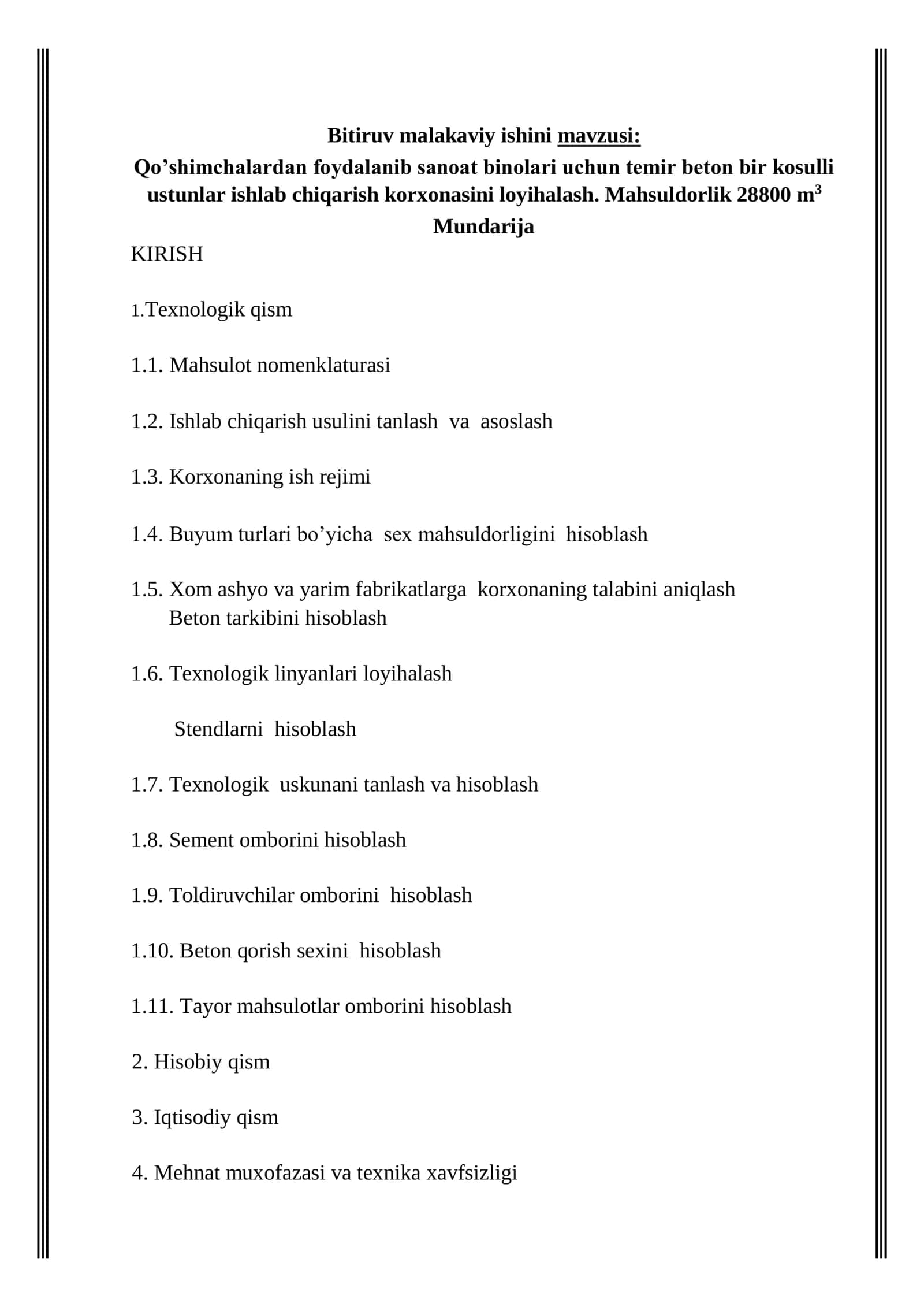 Sanoat binolari uchun temir beton bir kosulli ustunlar ishlab chiqarish korxonasini loyihalash 1