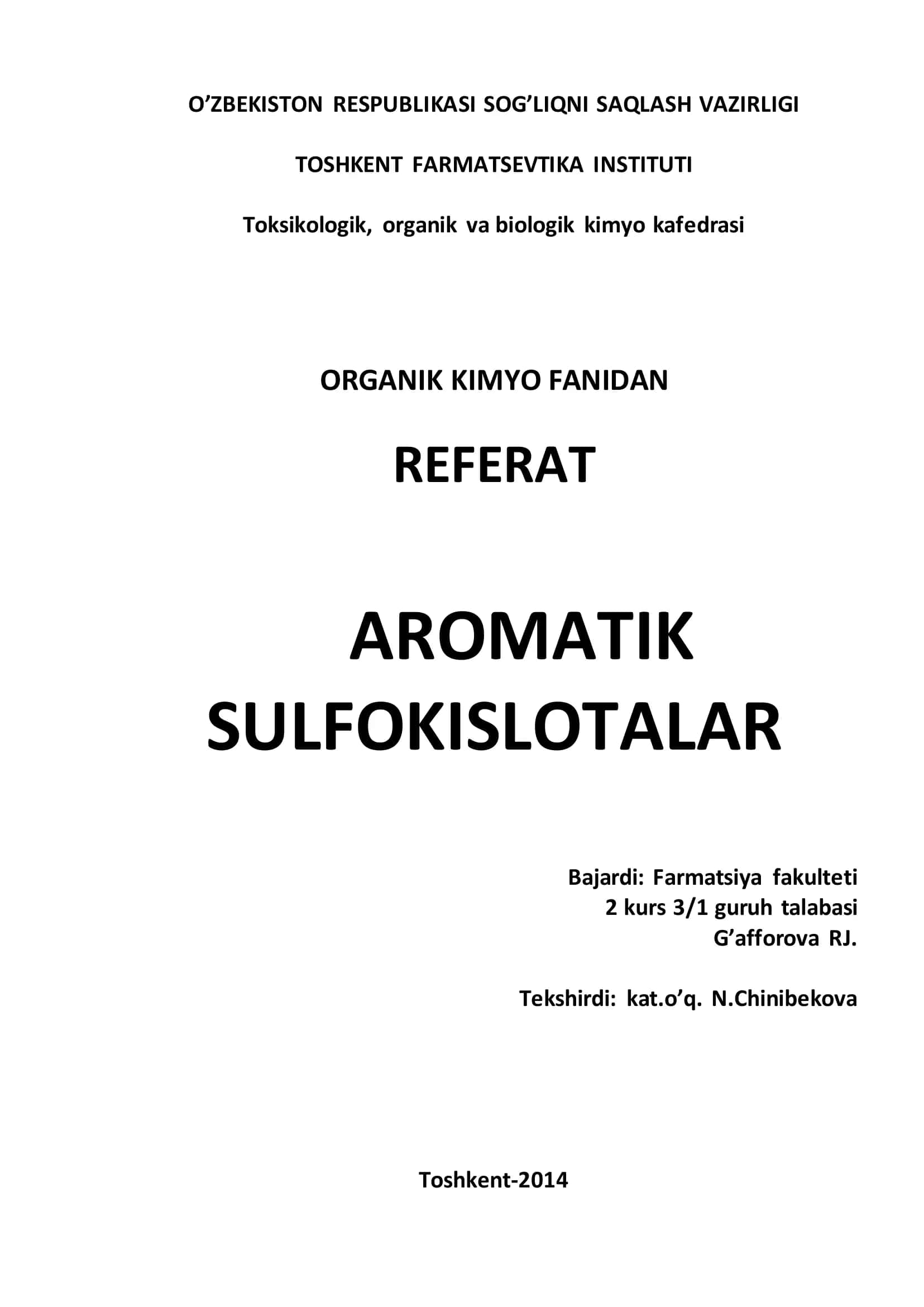 AROMATIK SULFOKISLOTALAR REFERAT 1