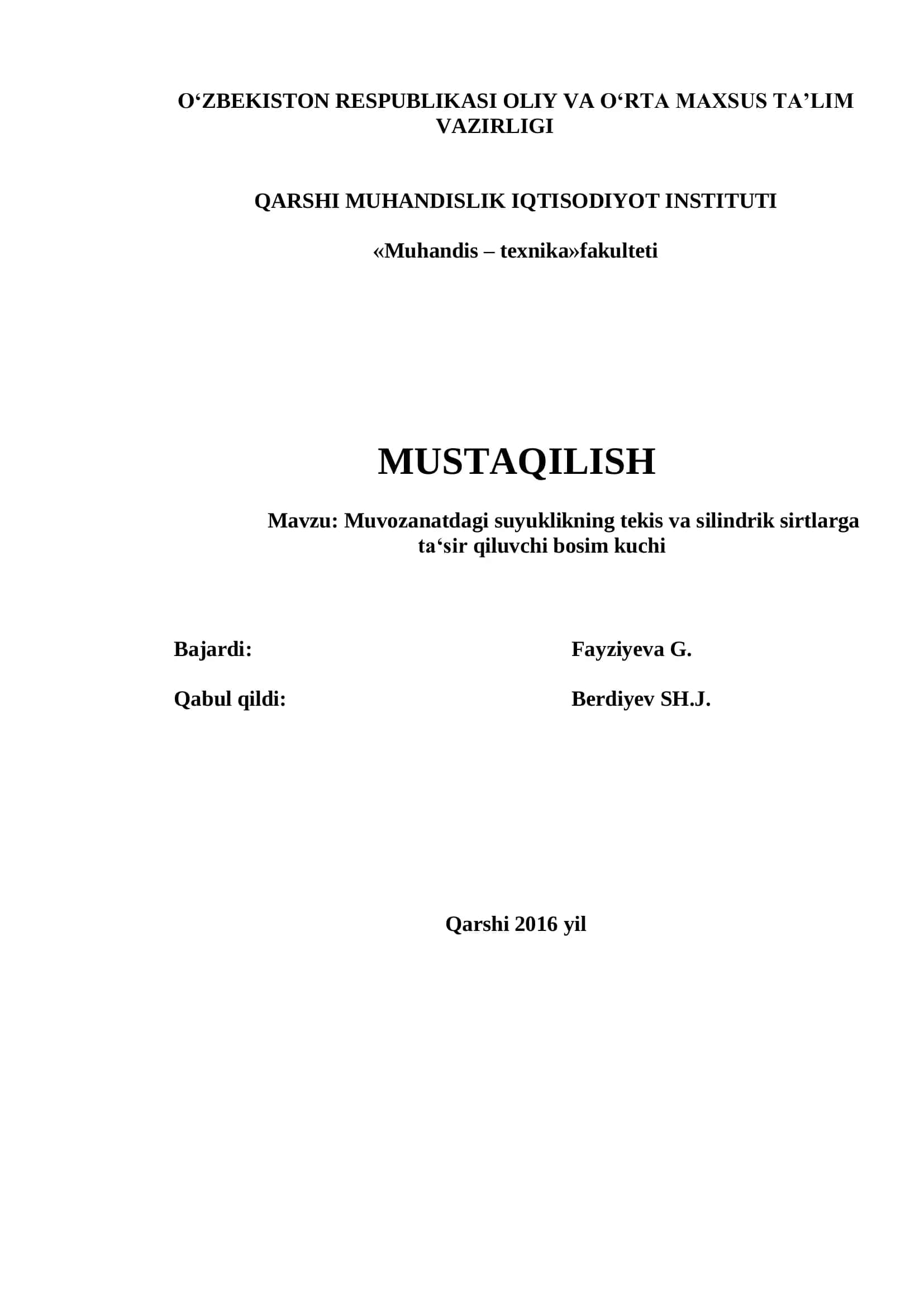 Muvozanatdagi suyuklikning tekis va silindrik sirtlarga ta‘sir qiluvchi bosim kuchi 1