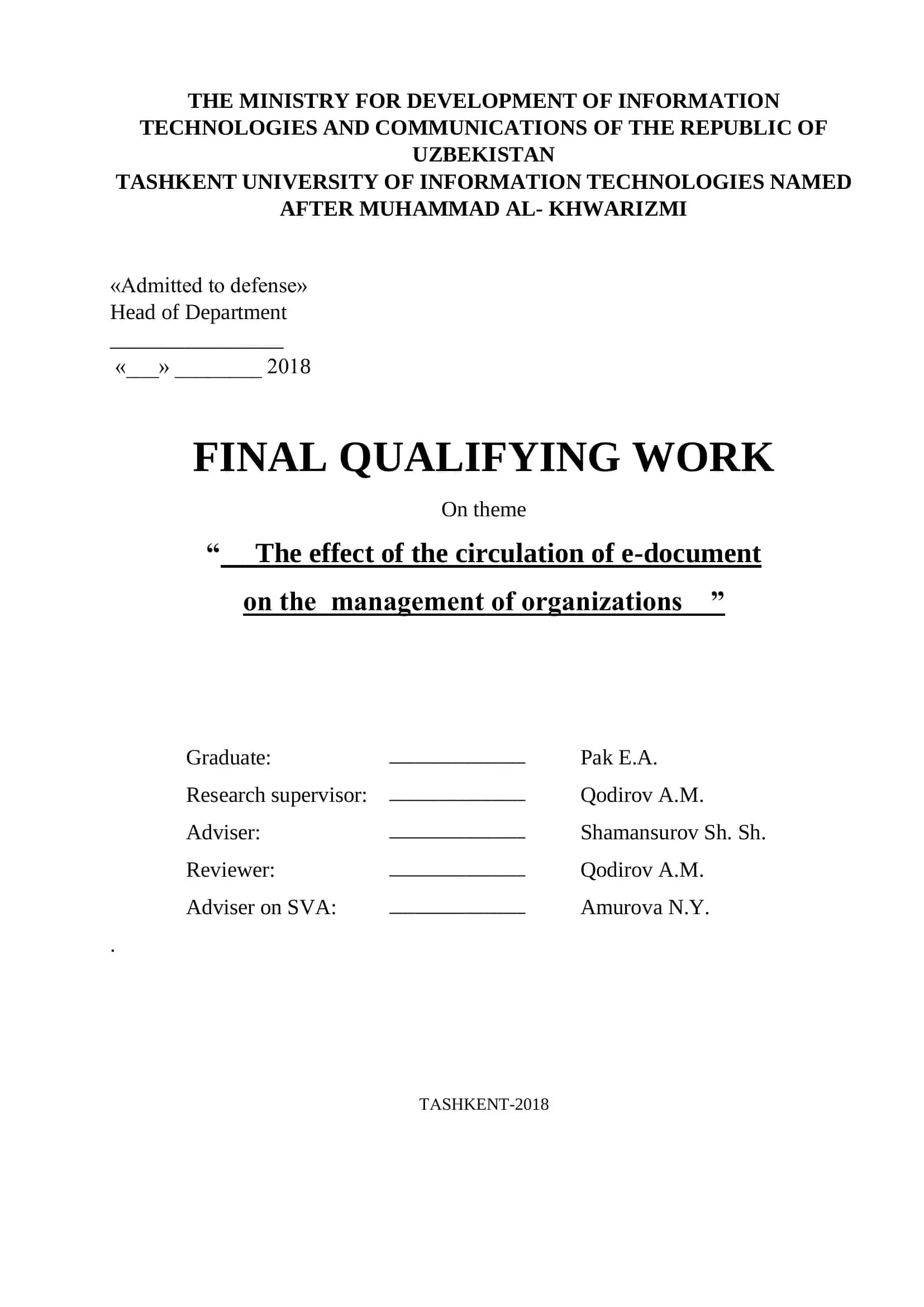 FINAL QUALIFYING WORK "The effect of the circulation of e-document on the management of organizations" 1