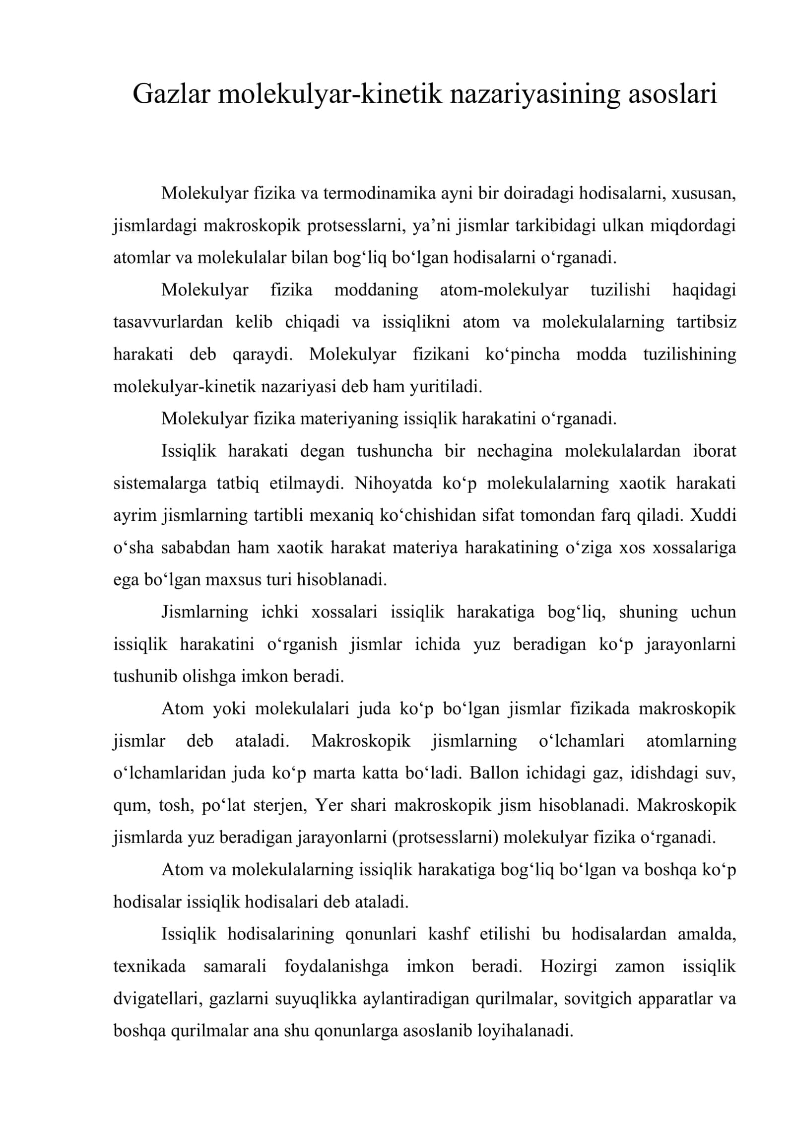 Gazlar molekulyar-kinetik nazariyasining asoslari 1