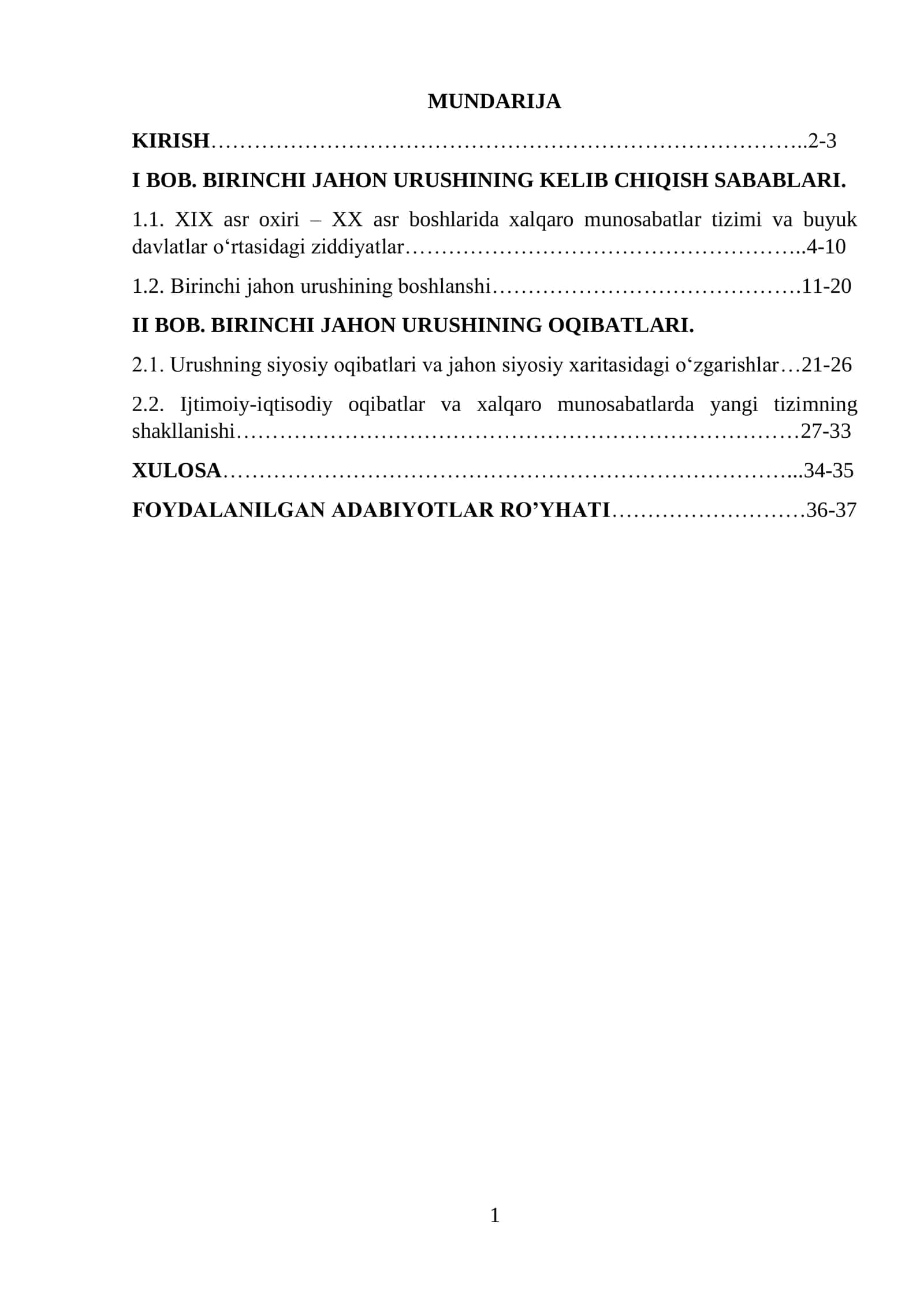 BIRINCHI JAHON URUSHINING KELIB CHIQISH SABABLARI va OQIBATLARI 1