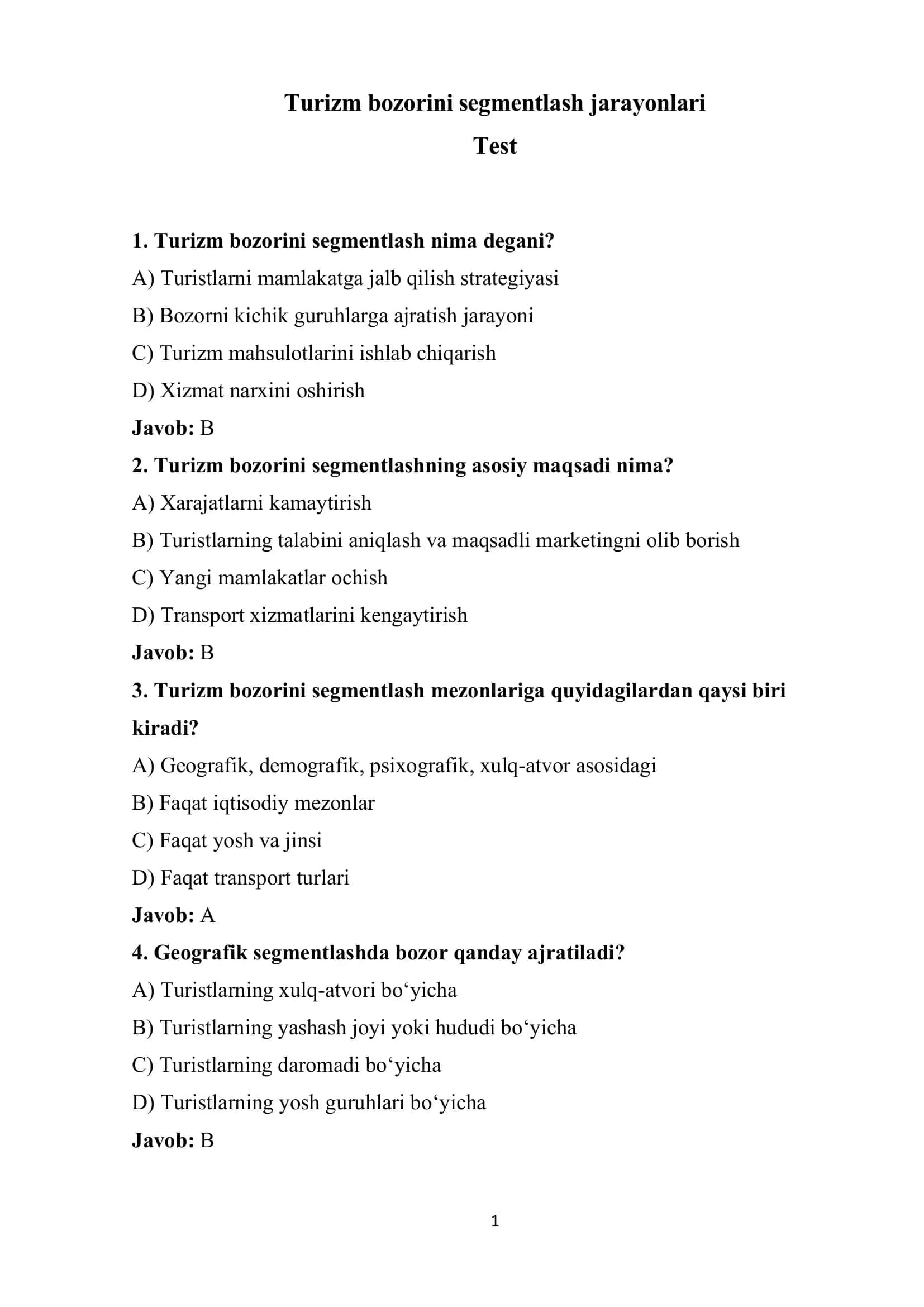 Turizm bozorini segmentlash jarayonlari 1