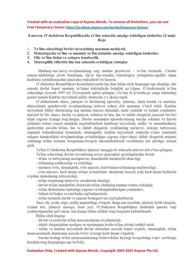 O’zbekiston Respublikasida ta’lim sohasida amalga oshirilgan islohotlar 1