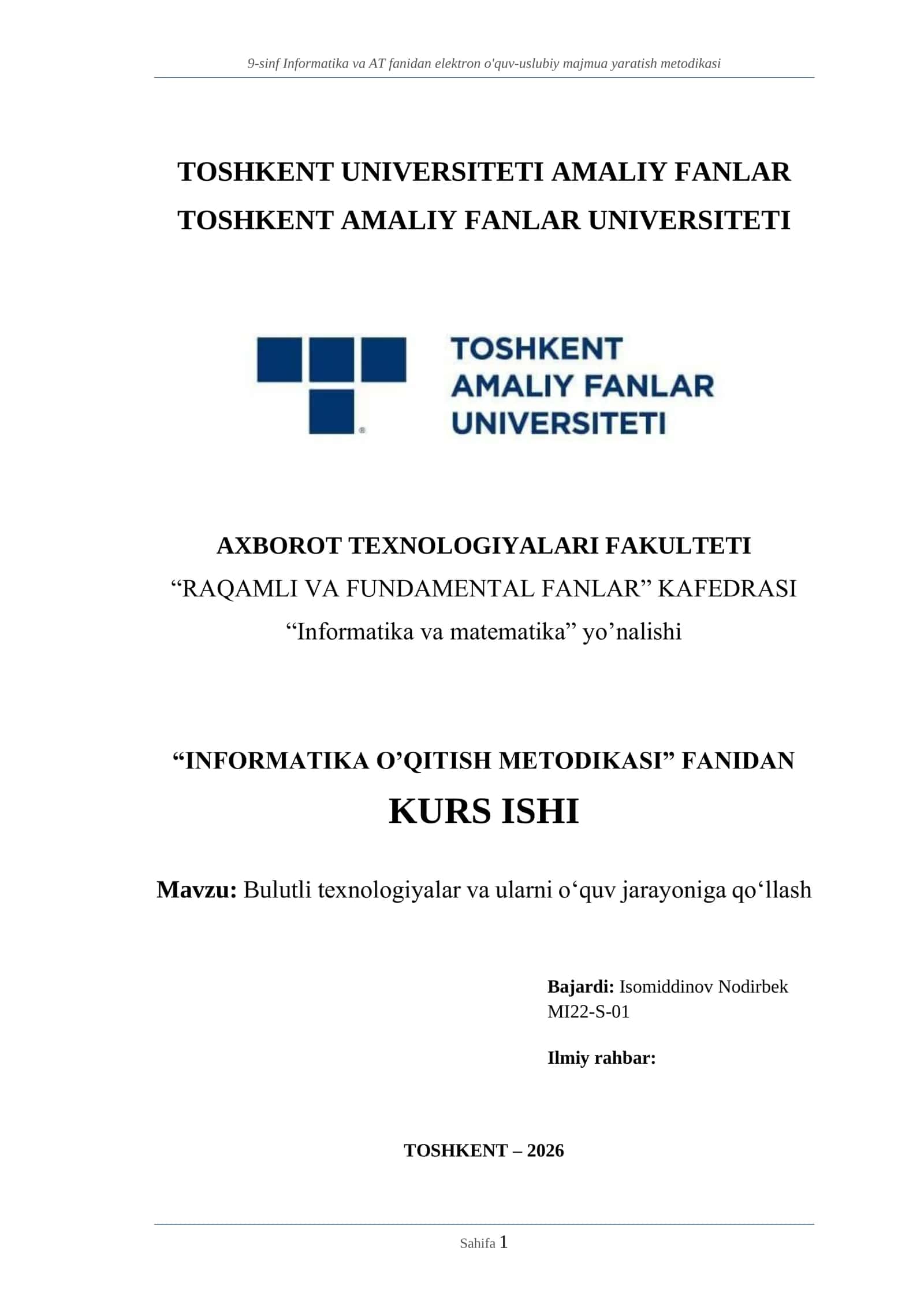 9-sinf Informatika va AT fanidan elektron o'quv-uslubiy majmua yaratish metodikasi 1
