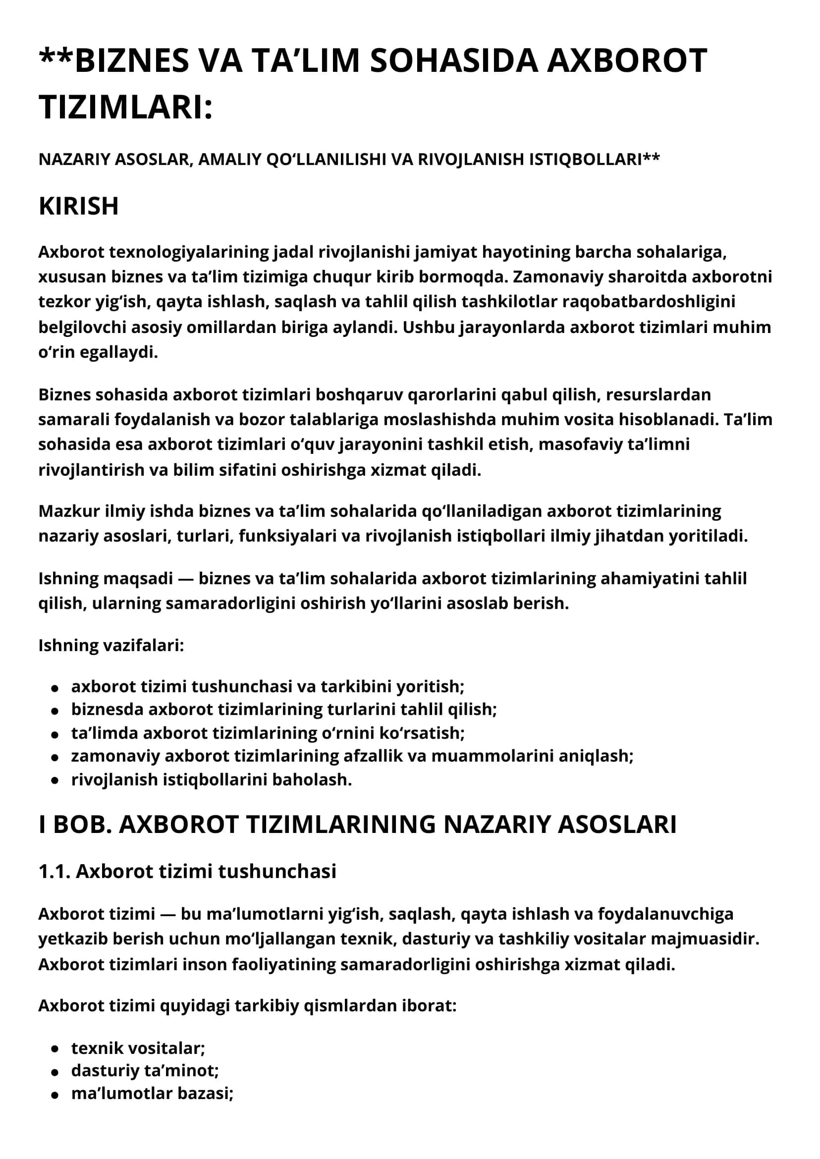 BIZNES VA TA’LIM SOHASIDA AXBOROT TIZIMLARI 1