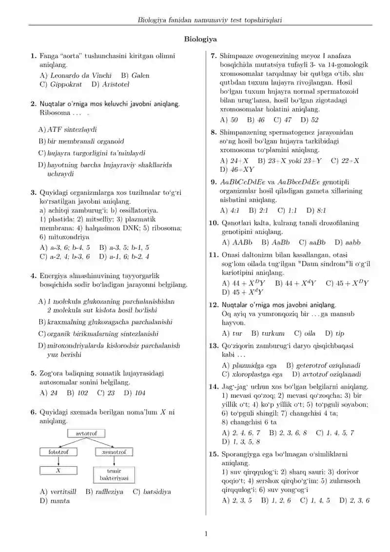 Biologiya maxsus Aralash test