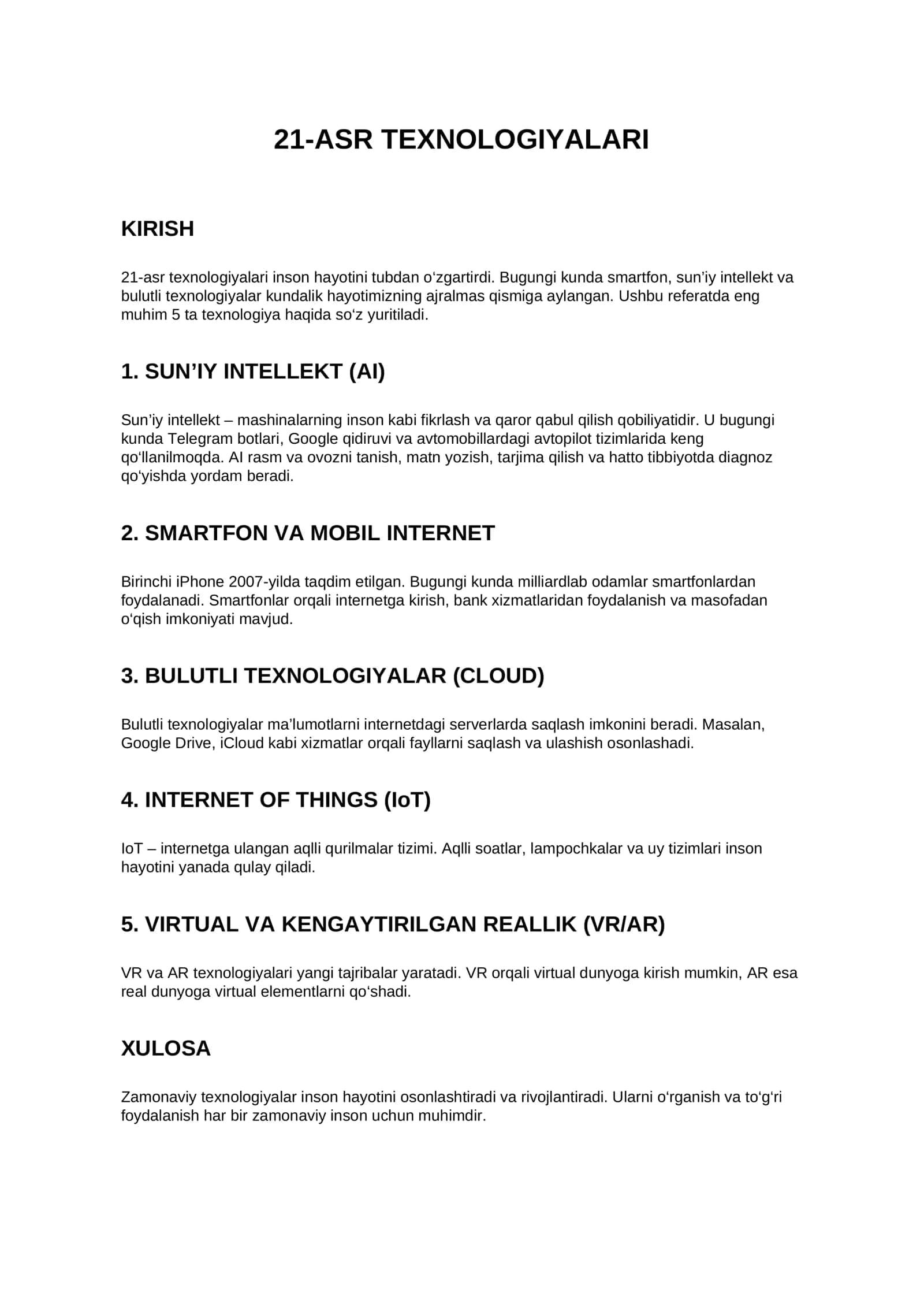 Zamonaviy texnologiyalar: Sun’iy intellekt, IoT va VR haqida tayyor referat 1