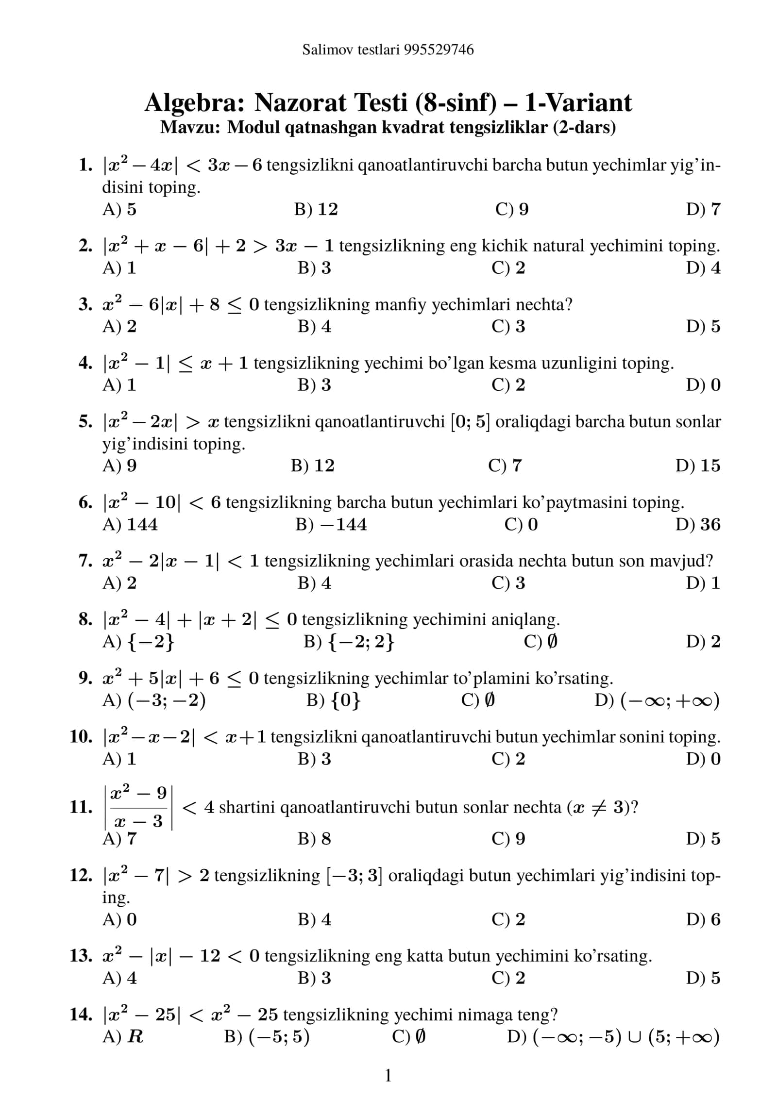 Algebra: Nazorat Testi (8-sinf) – 1-Variant 1
