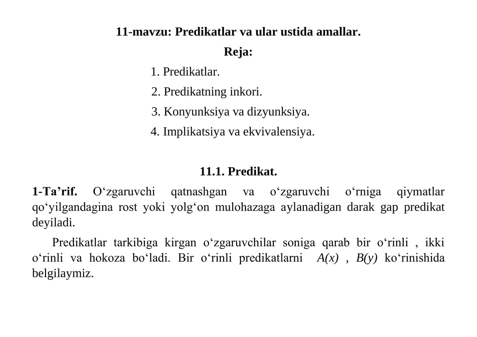 Predikatlar va ular ustida amallar 1