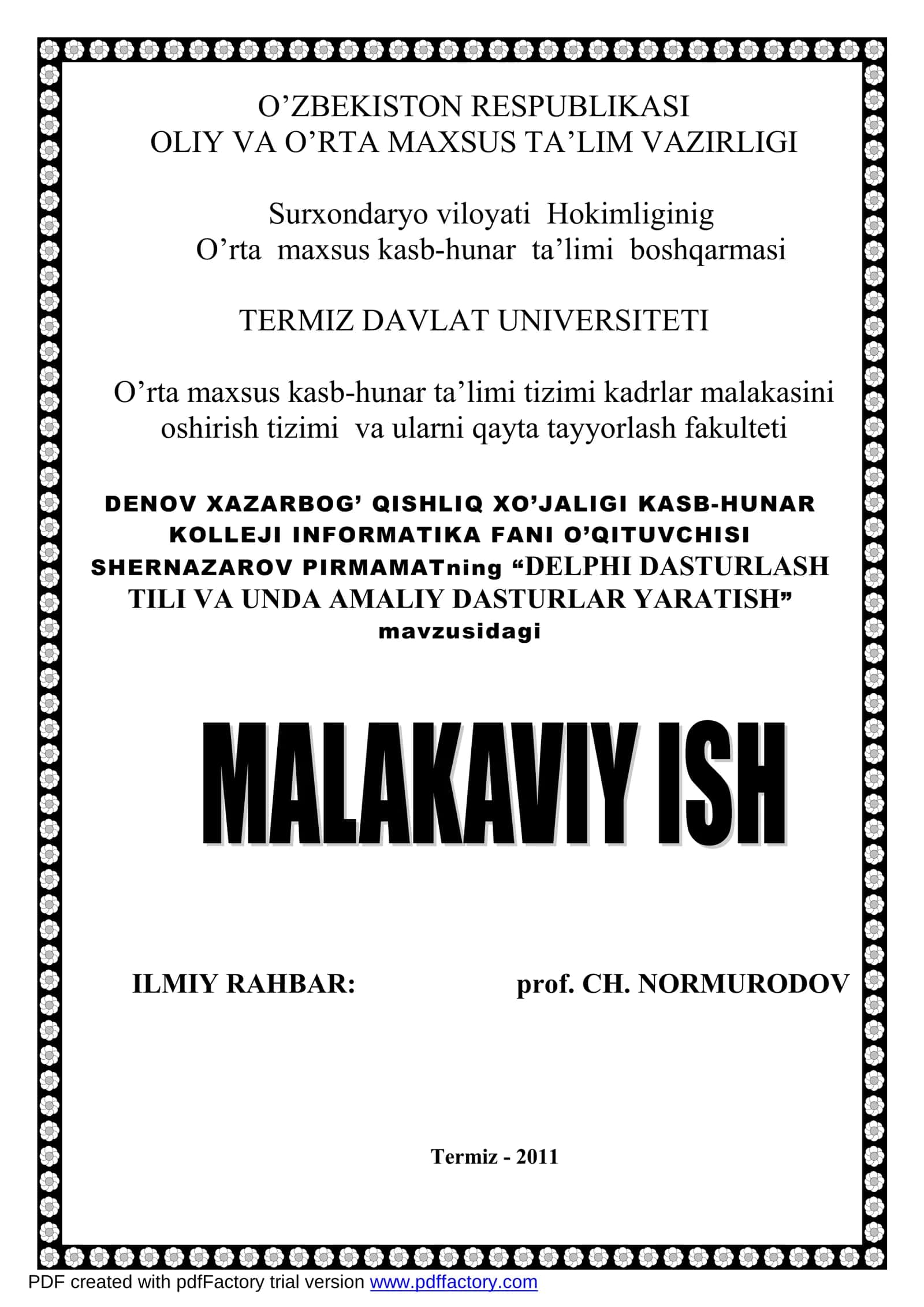 DELPHI DASTURLASH TILI VA UNDA AMALIY DASTURLAR YARATISH 1