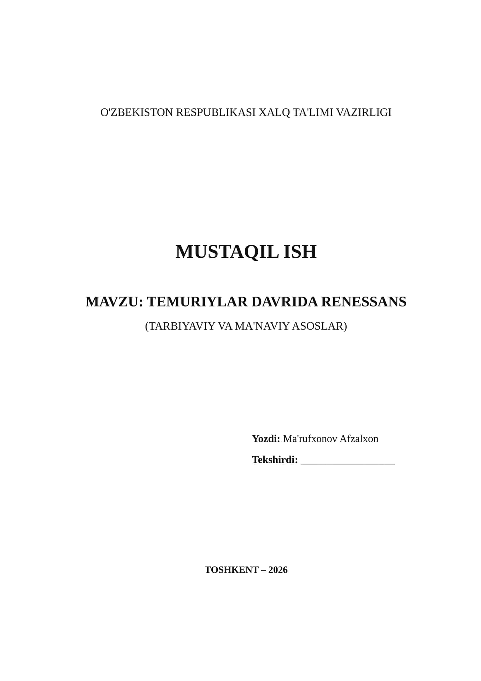 TEMURIYLAR DAVRIDA RENESSANS (TARBIYAVIY VA MA'NAVIY ASOSLAR) 1