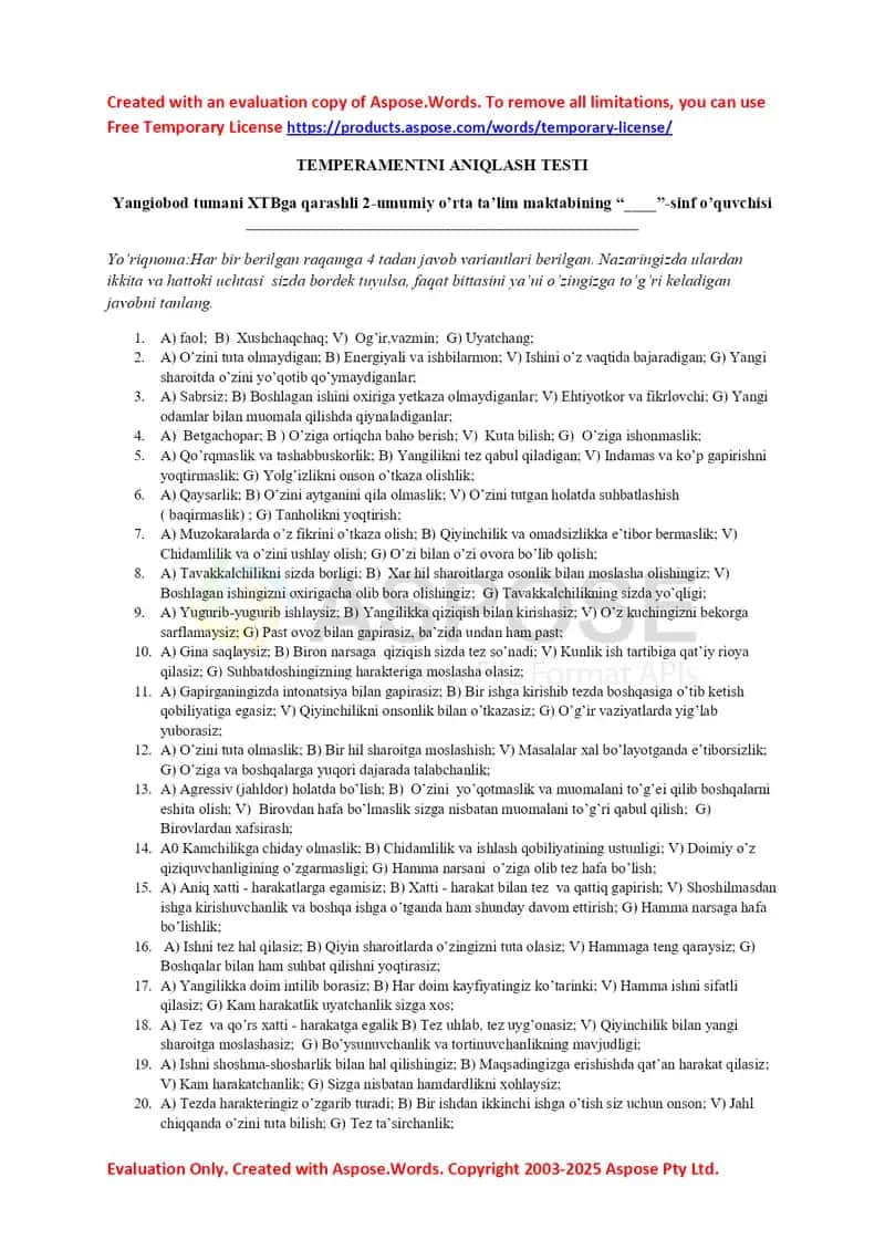 Temperament testi 1