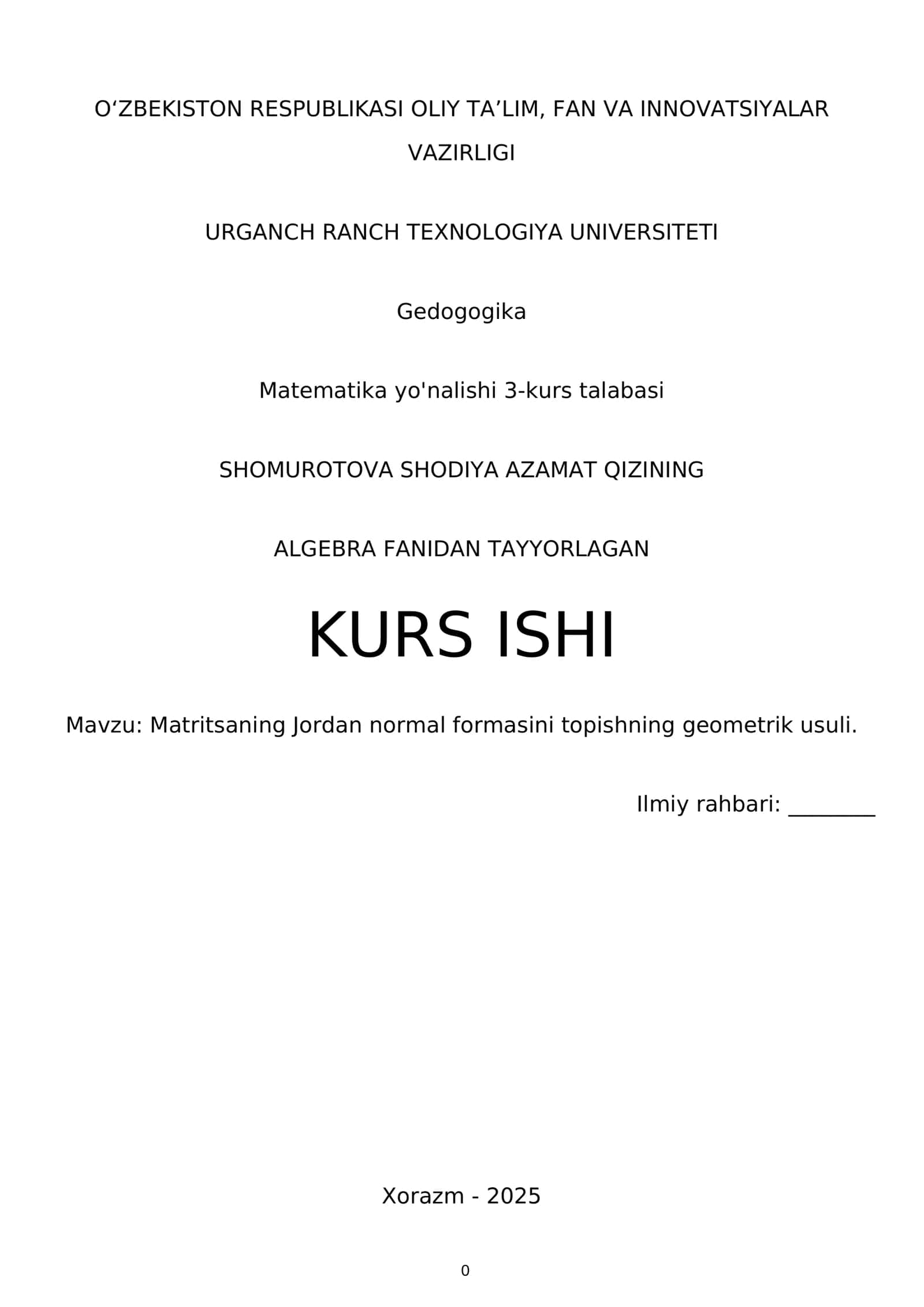 Matritsaning Jordan normal formasini topishning geometrik usuli 1