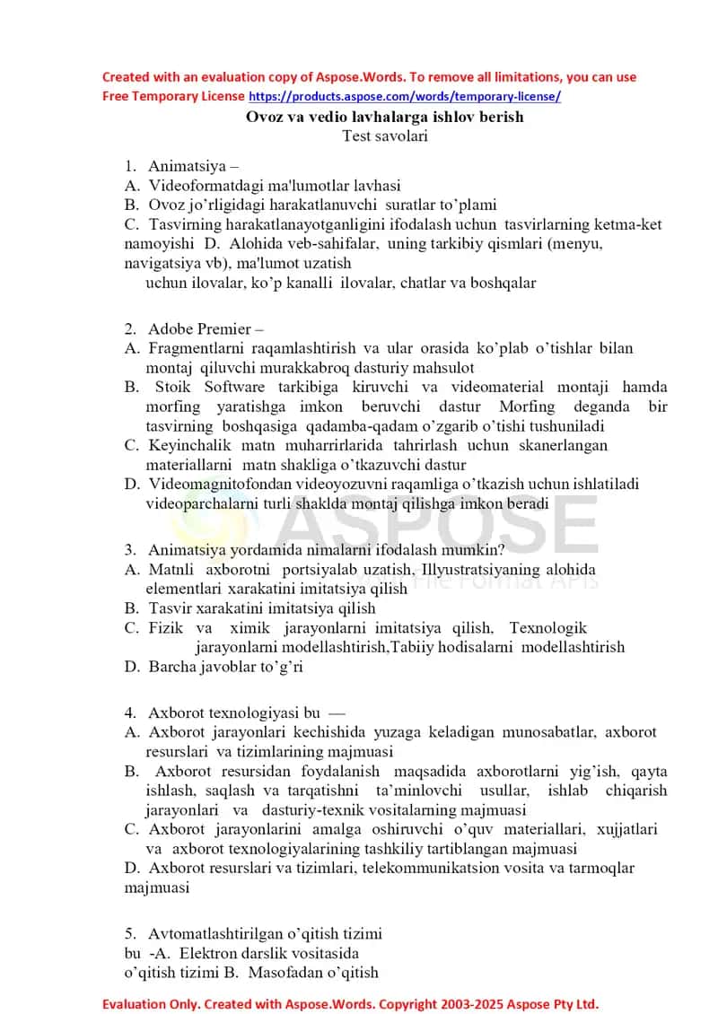 Ovoz va vedio lavhalarga ishlov berish test - savollar va javoblar 1
