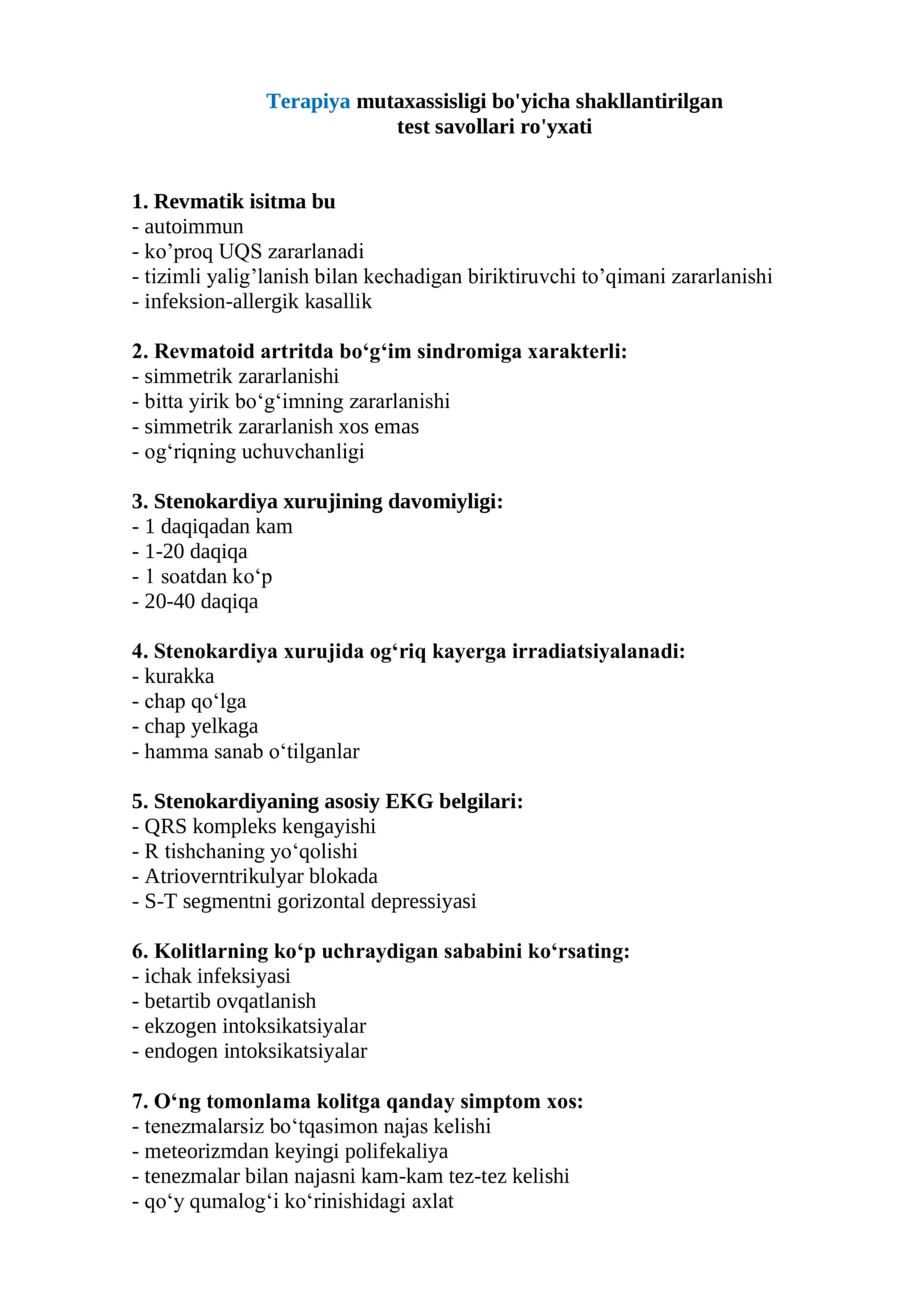 Terapiya Mutaxassisligi bo'yicha test savollari ro'yxati 1