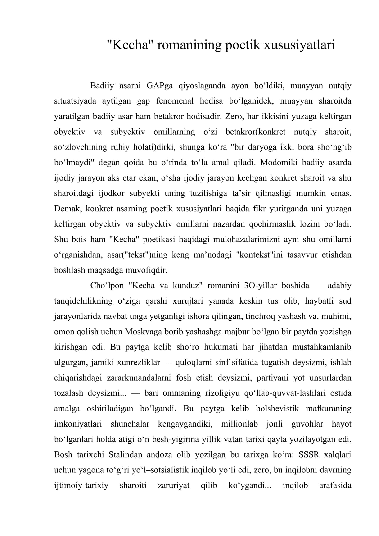 "Kecha" romanining poetik xususiyatlari 1