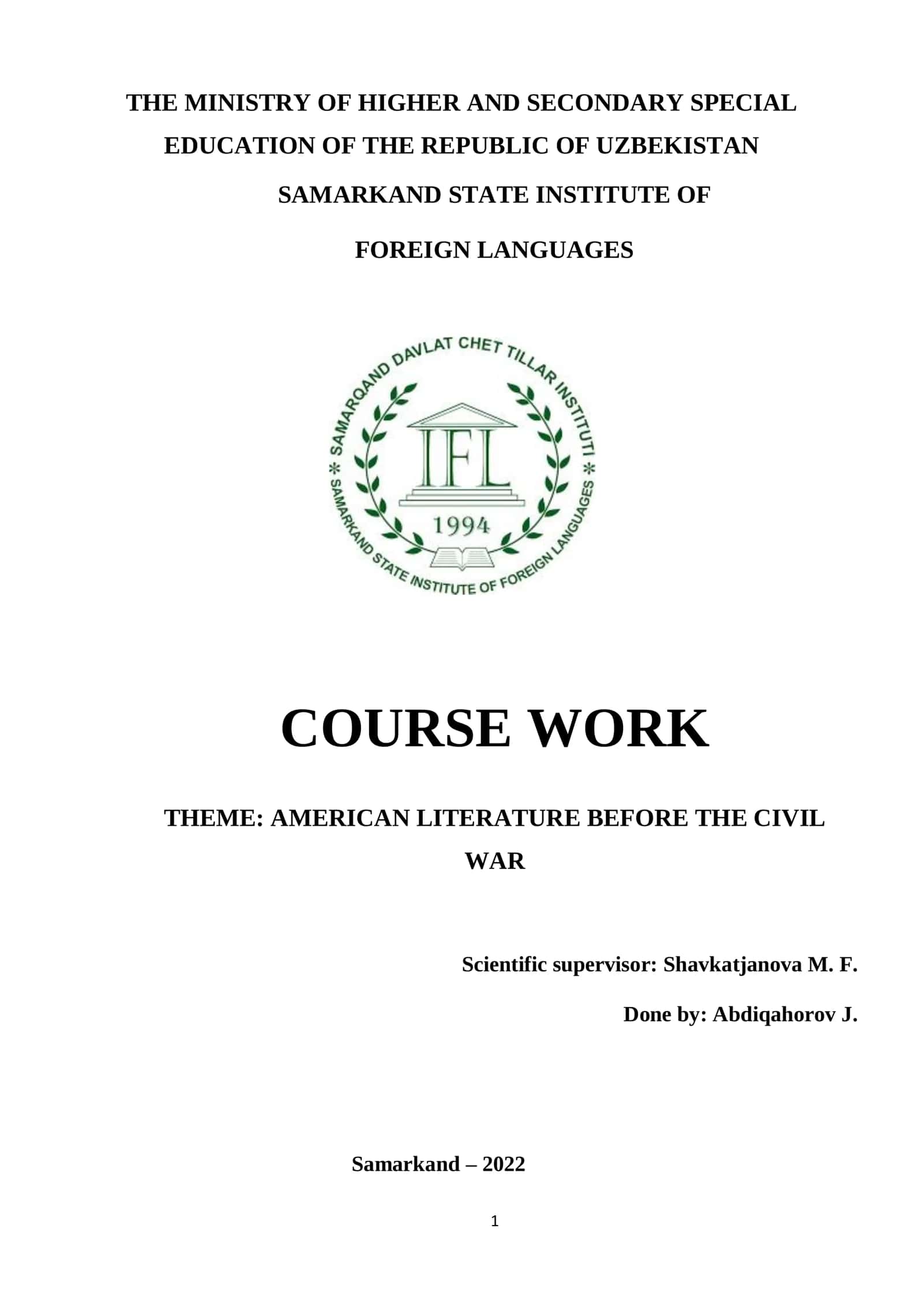 Course Work on American Literature Before the Civil War 1