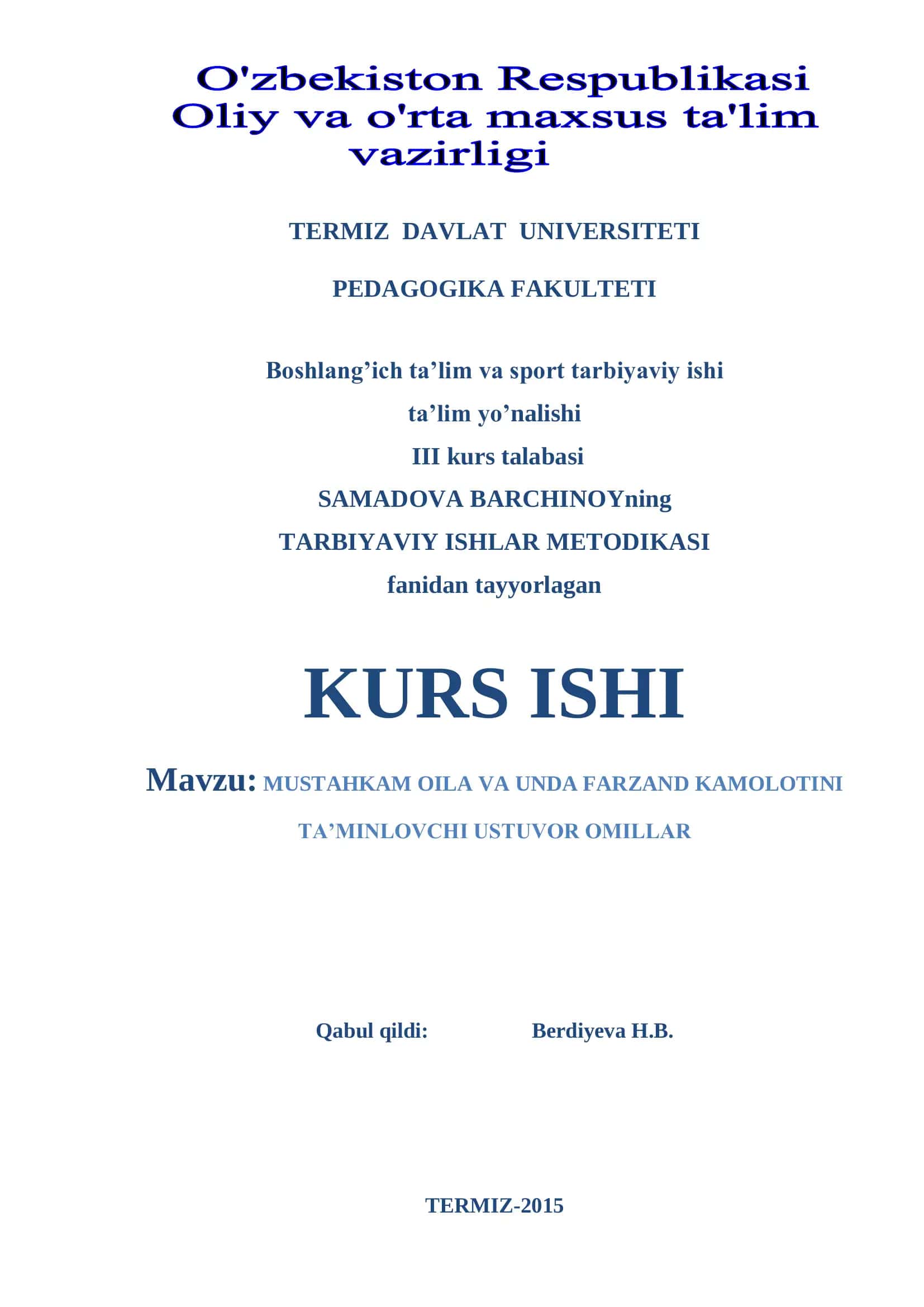 TARBIYAVIY ISHLAR METODIKASI KURS ISHI 1