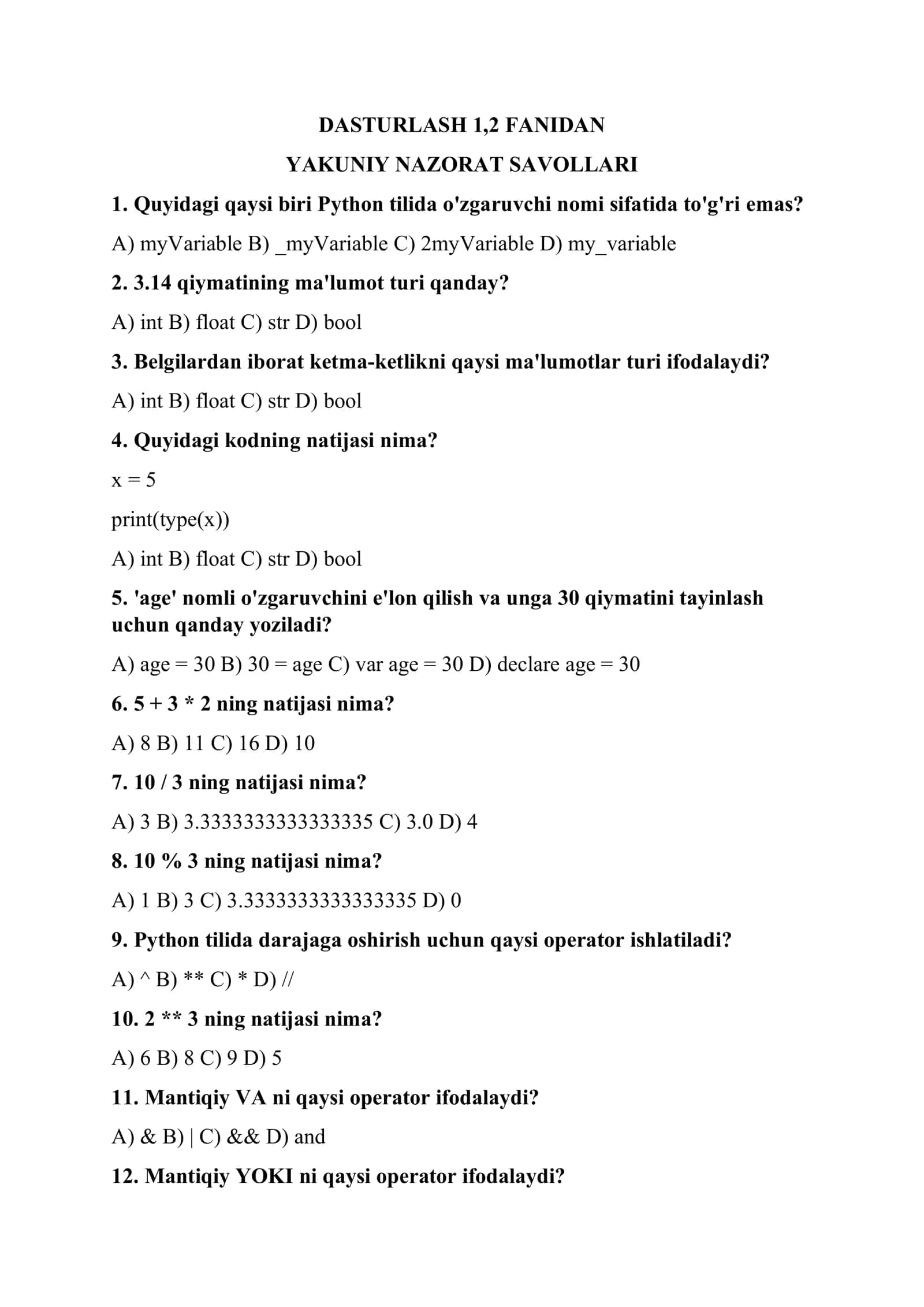 Dasturlash 1,2 dan yakuniy nazorat savollari 1