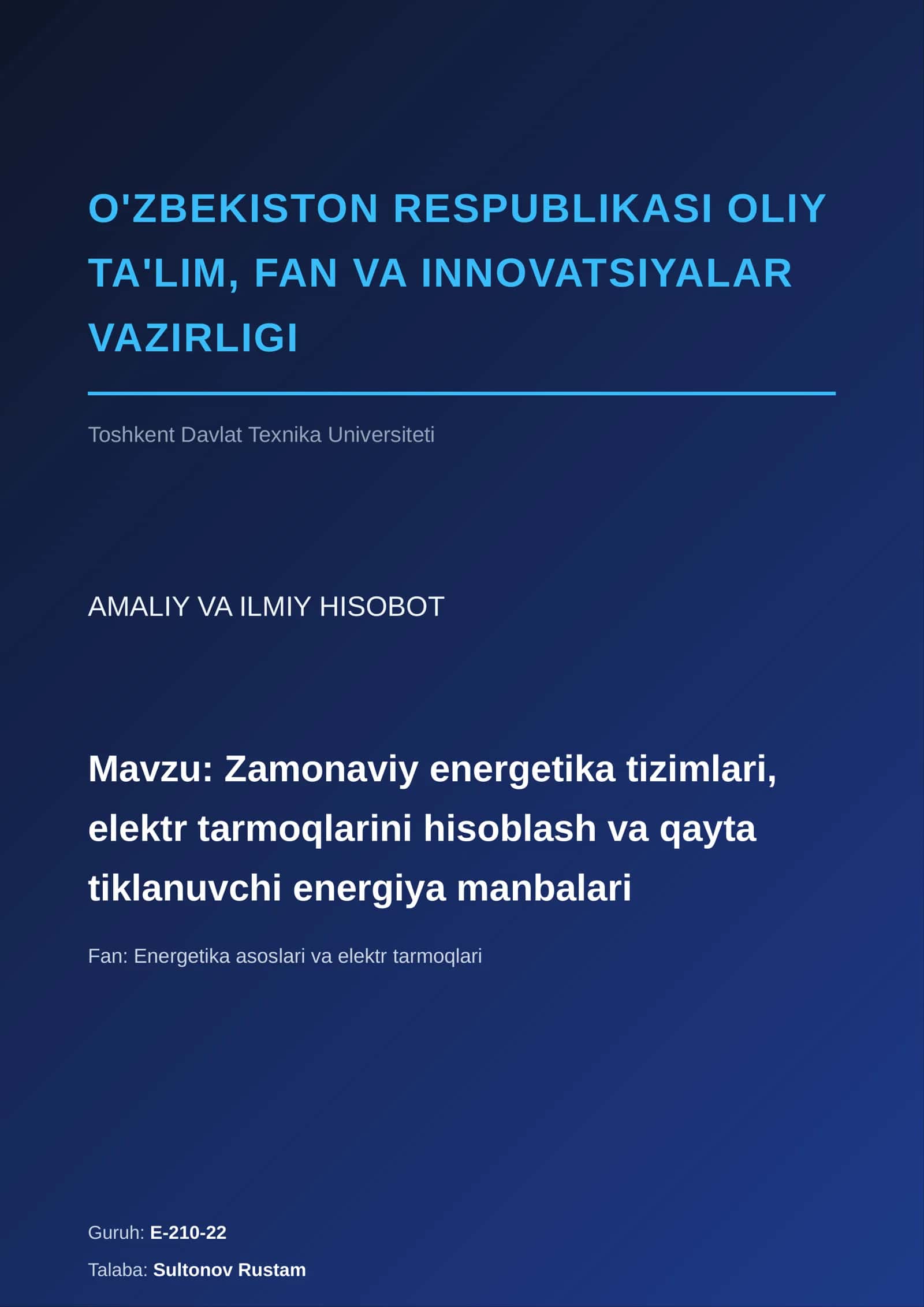 Zamonaviy energetika tizimlari, elektr tarmoqlarini hisoblash va qayta tiklanuvchi energiya manbalari 1