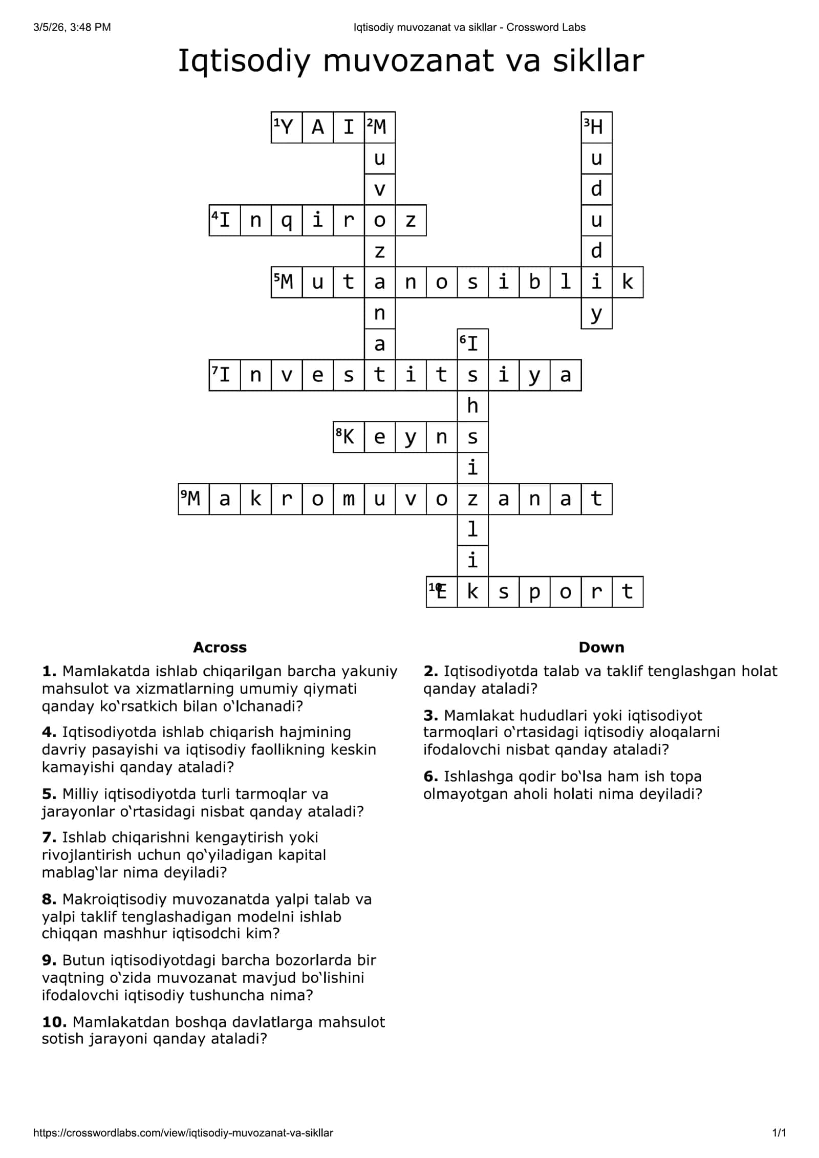 Iqtisodiy muvozanat va sikllar krossvordi 1