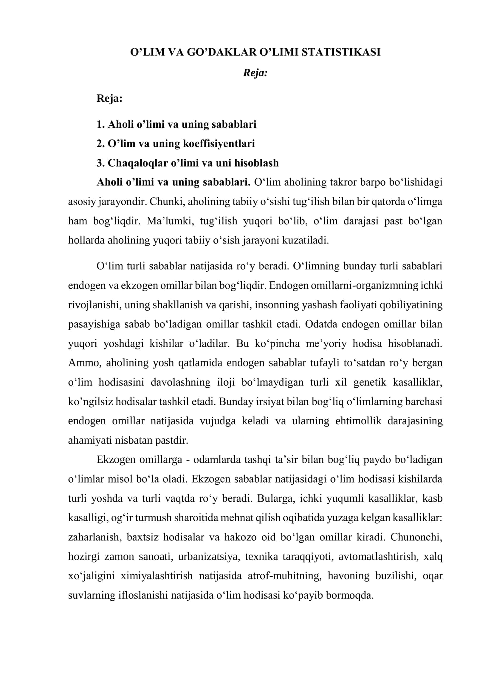 O’LIM VA GO’DAKLAR O’LIMI STATISTIKASI 1