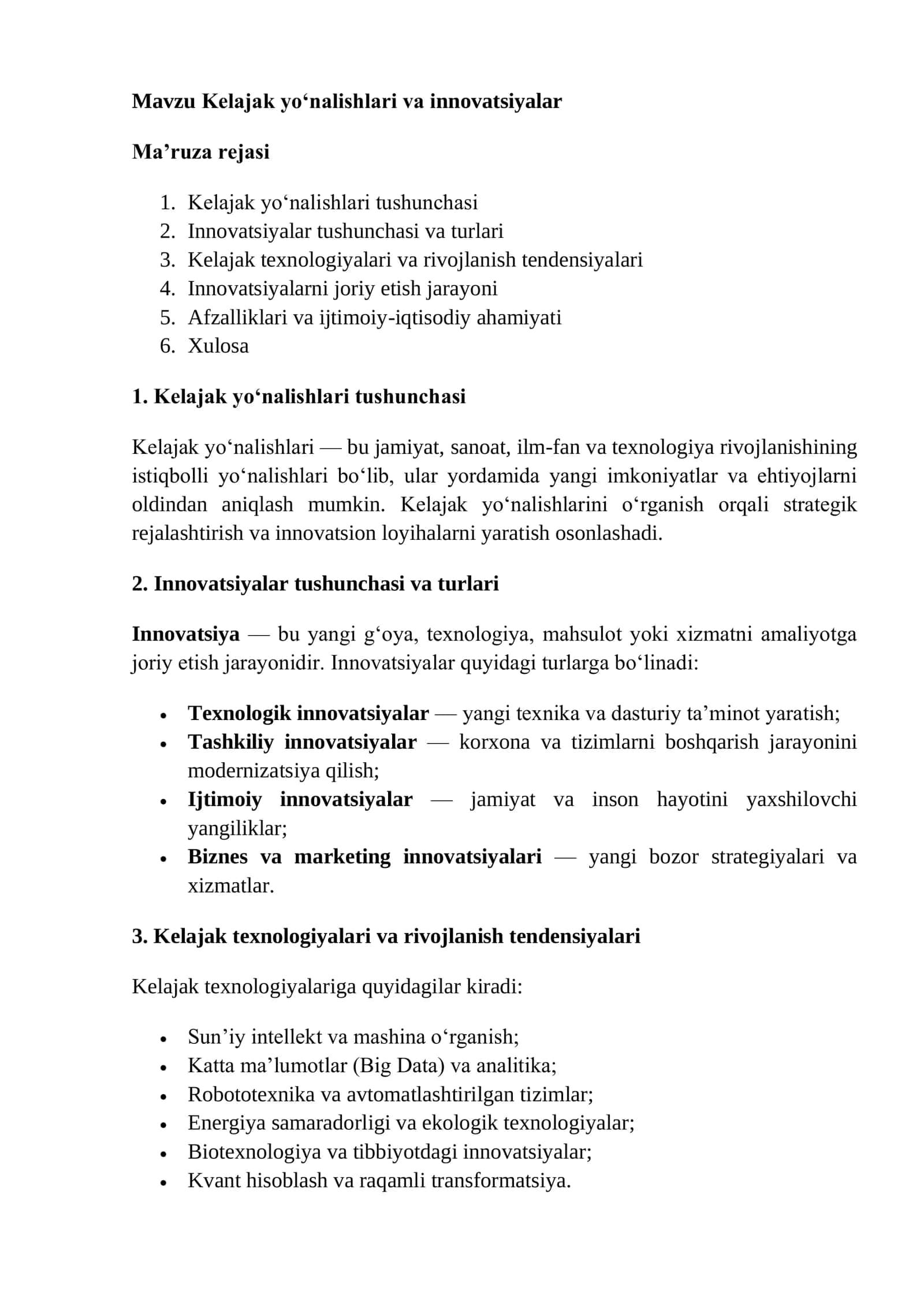 Kelajak yo‘nalishlari va innovatsiyalar 1