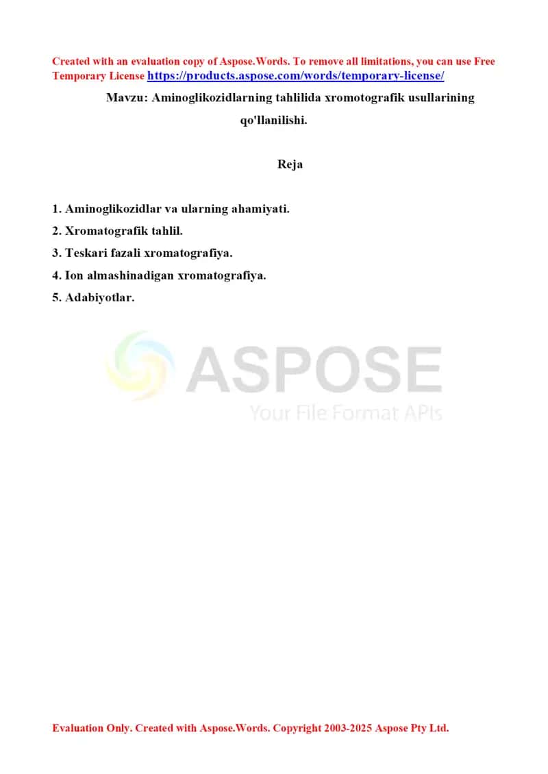Aminoglikozidlarning tahlilida xromotografik usullarining qo'llanilishi. Referat 14 bet 1