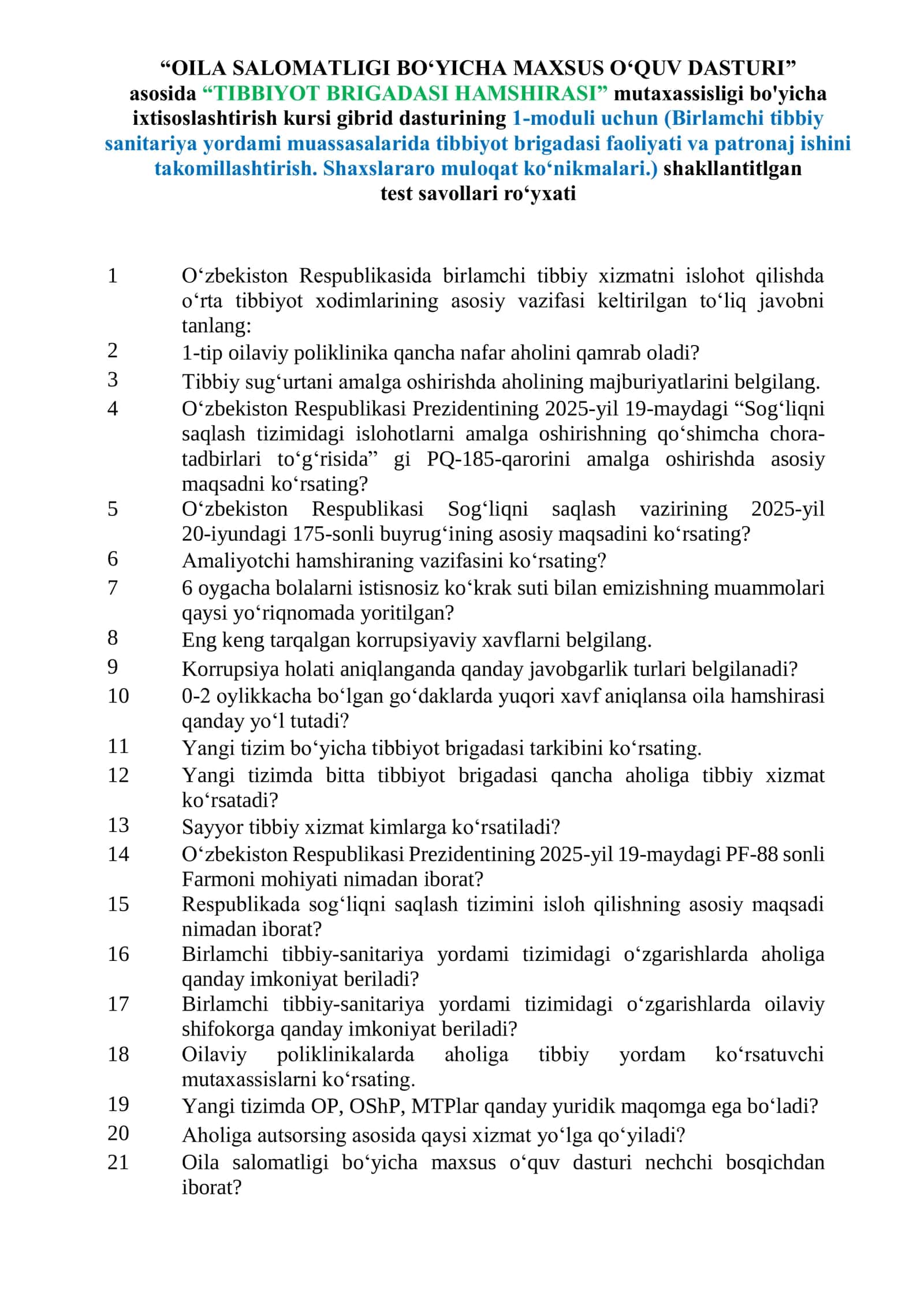 OILA SALOMATLIGI BOʻYICHA MAXSUS OʻQUV DASTURI 1