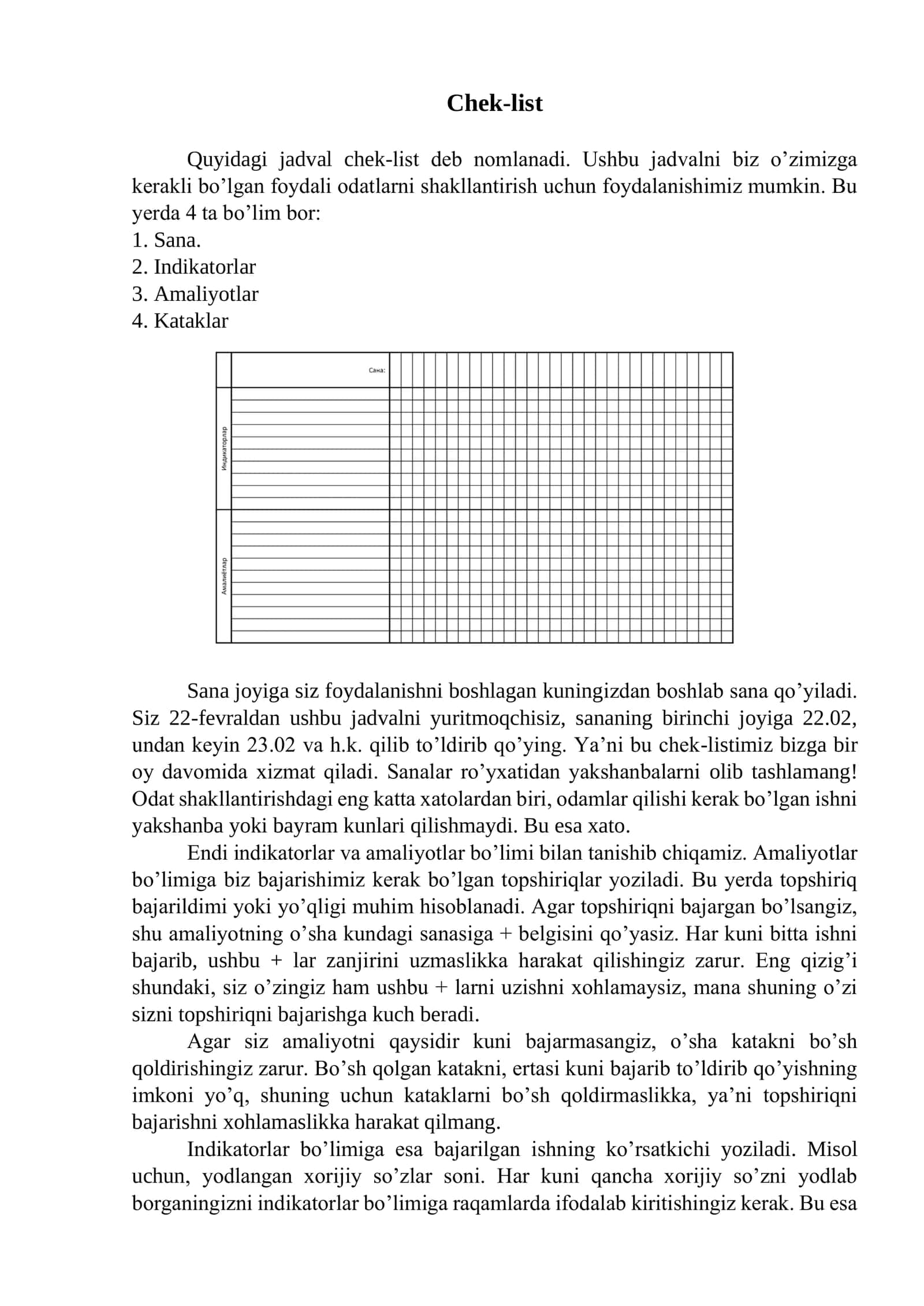 foydali odatlarni shakllantirish Chek-list 1