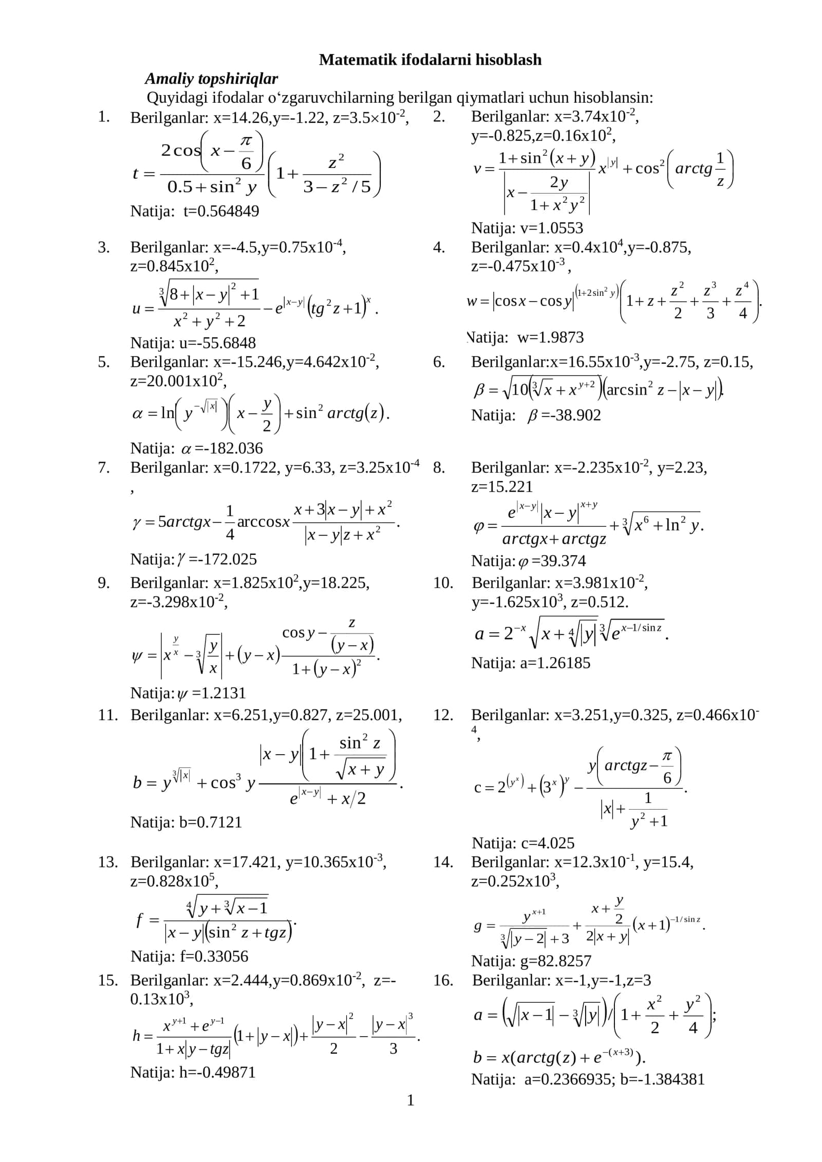 Matematik ifodalarni hisoblash 1