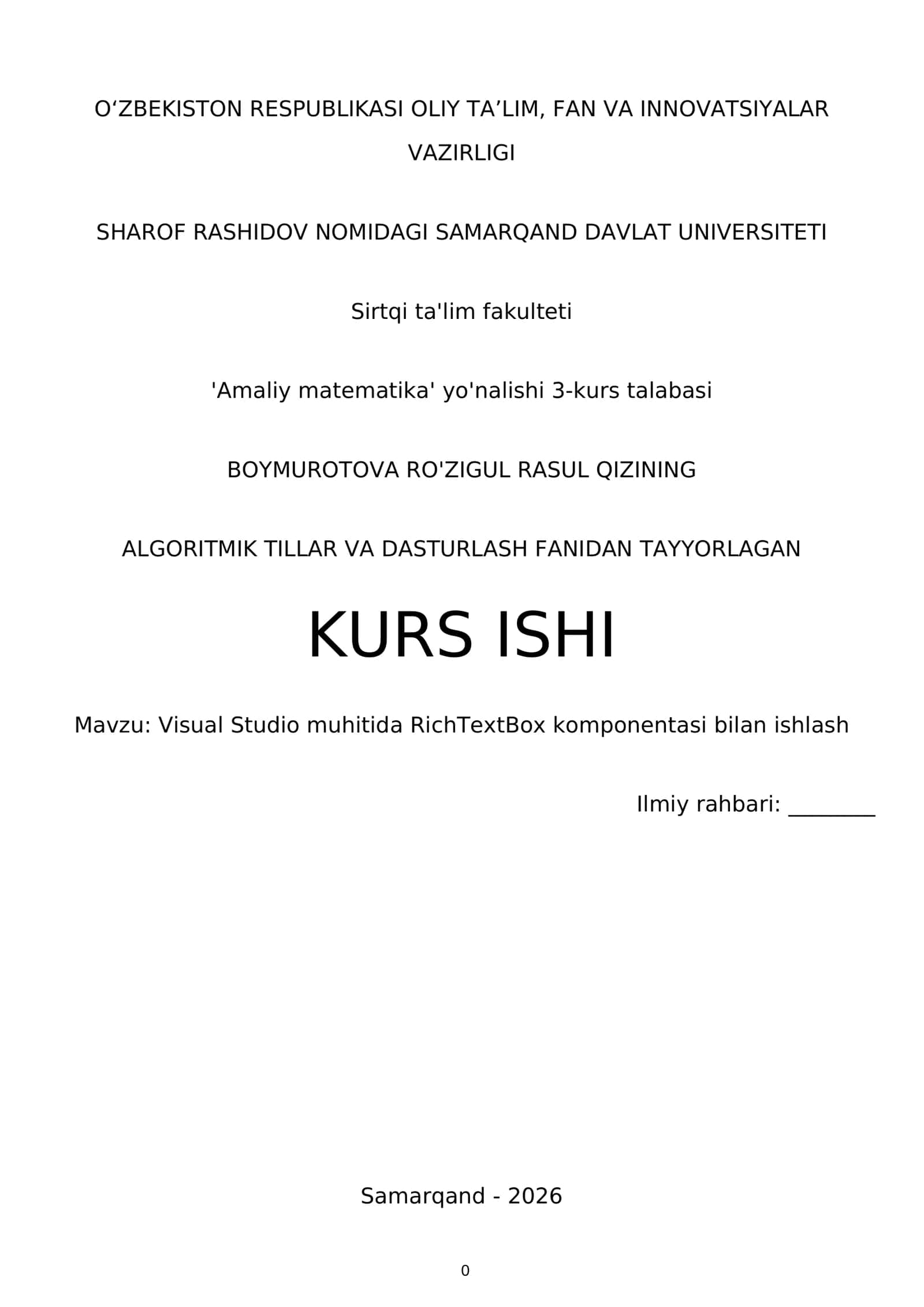 Algoritmik tillar va dasturlash fanidan tayyorlagan kurs ishi 1