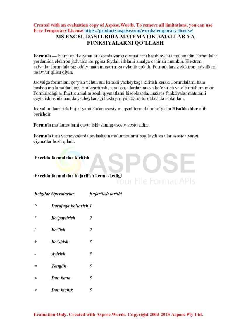 Ms Excel dasturida matematik amallar va funksiyalarni qo’llash 1