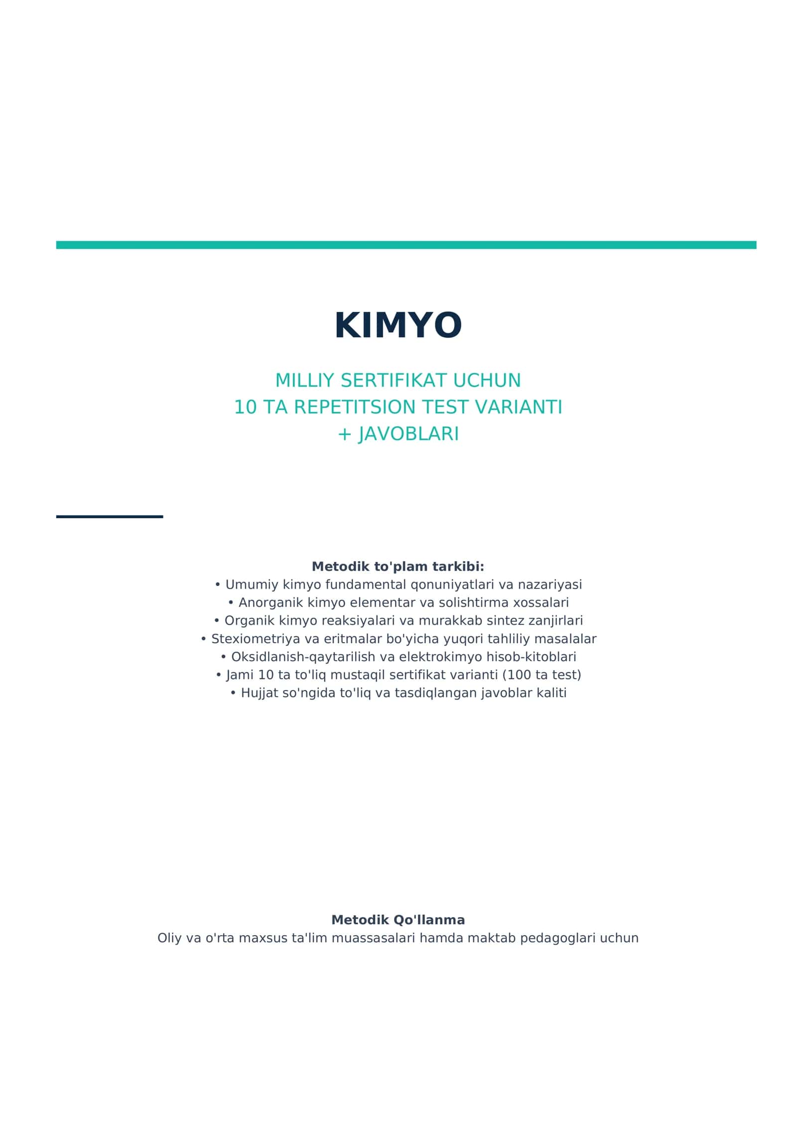 Kimyo — Milliy sertifikat uchun 10 ta repetitsion test varianti + javoblari 1