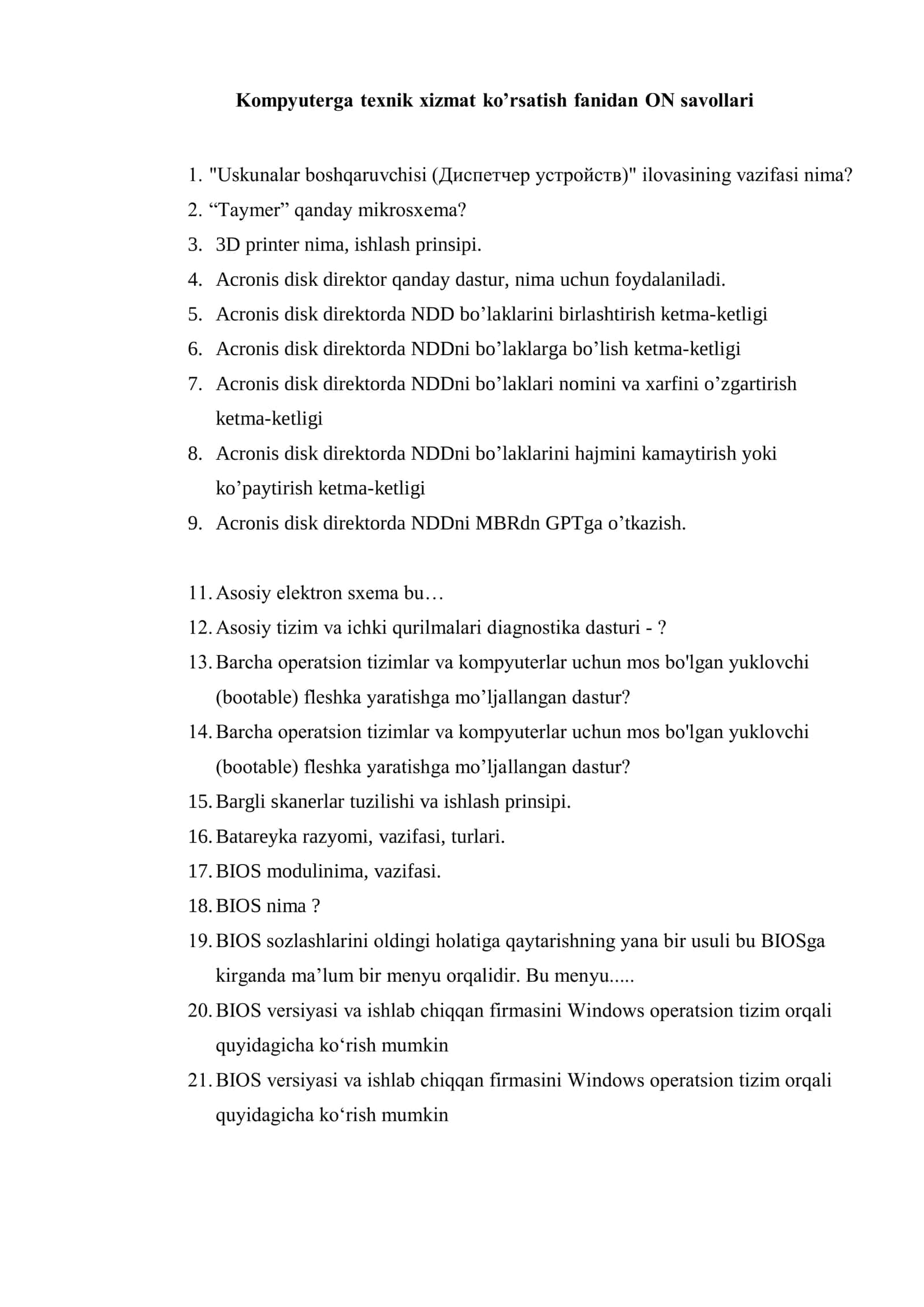 Kompyuterga texnik xizmat ko’rsatish fanidan ON savollari 1