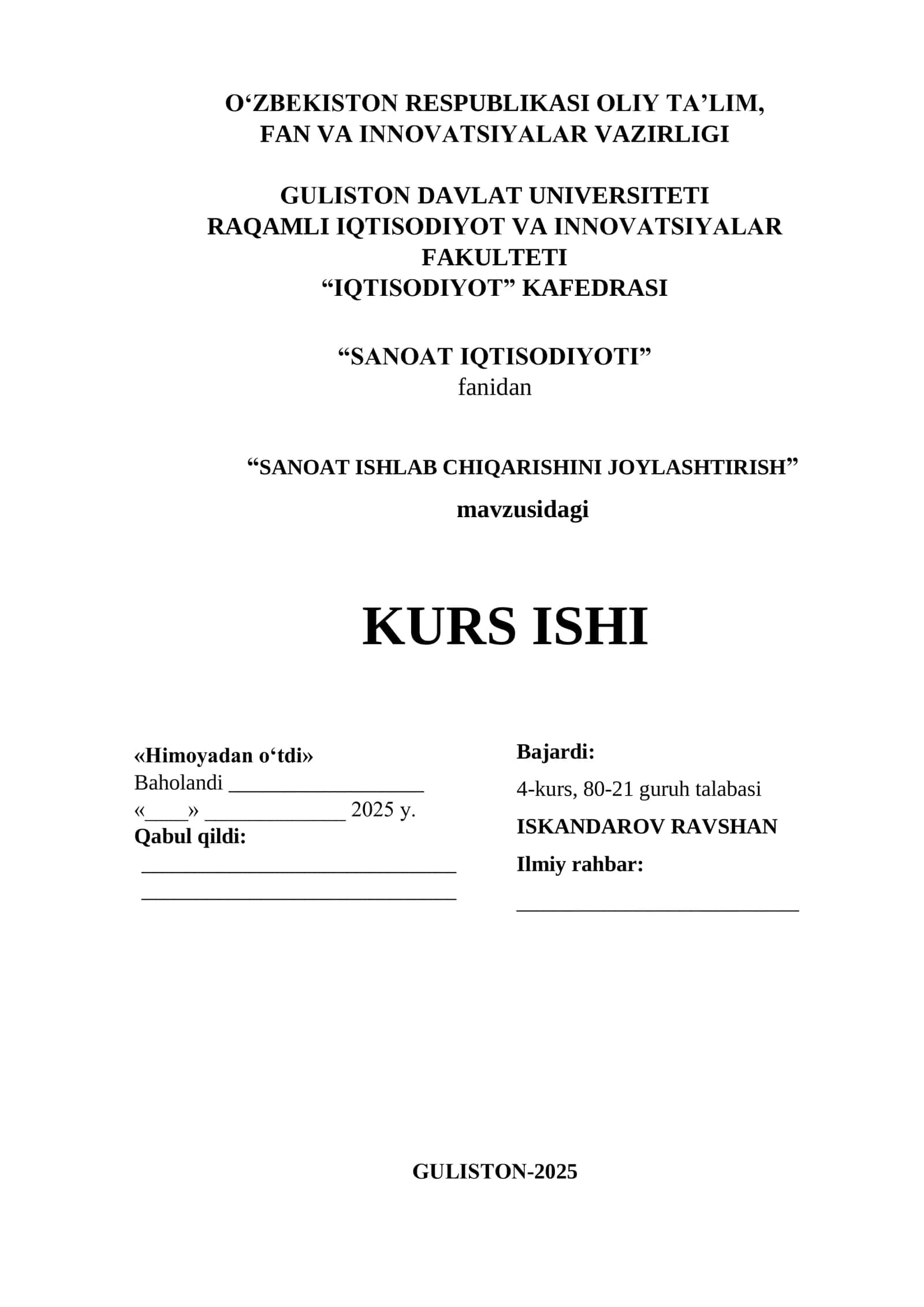 SANOAT ISHLAB CHIQARISHINI JOYLASHTIRISH KURS ISHI 1