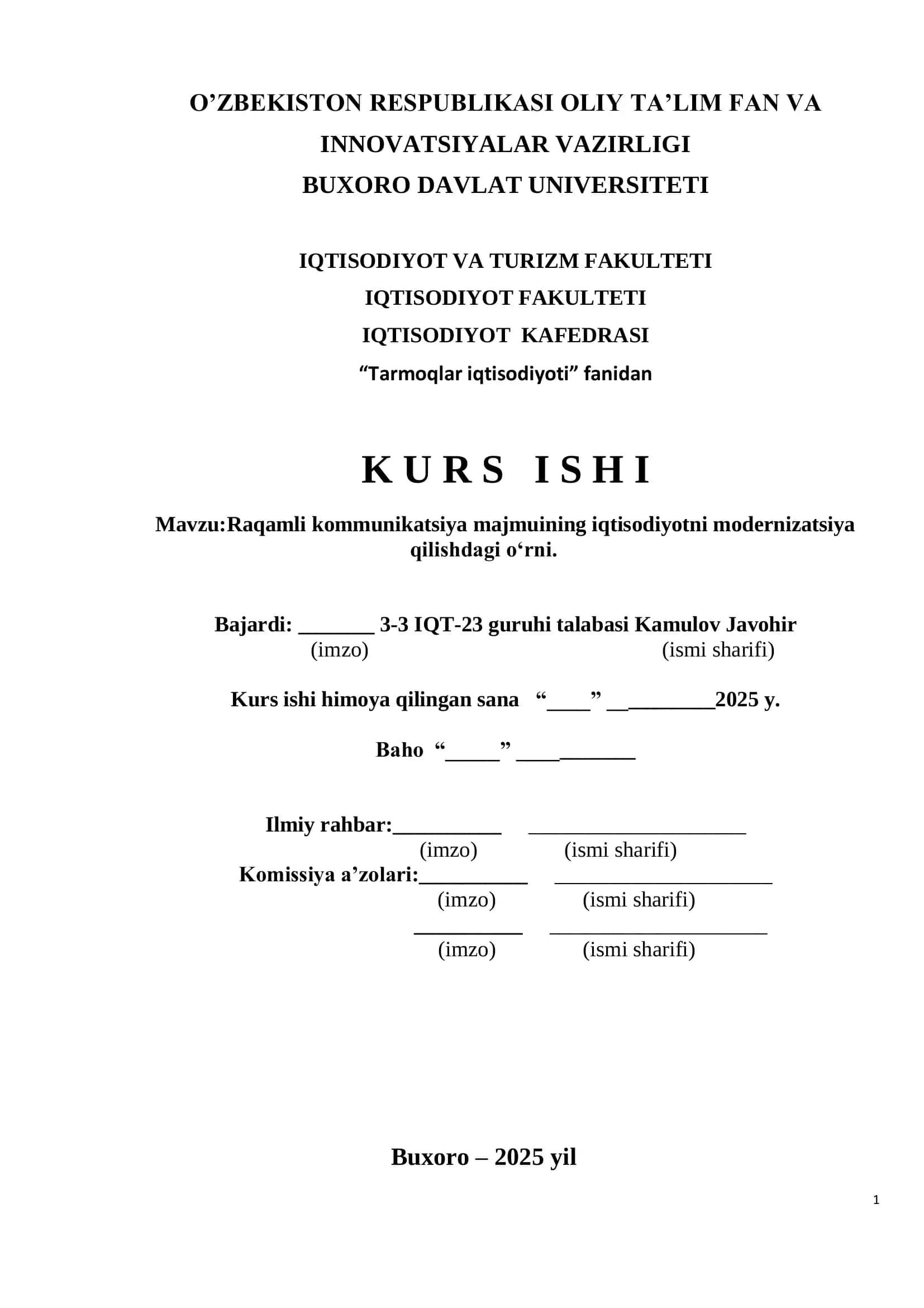 Tarmoqlar iqtisodiyoti fanidan Kurs ishi 1