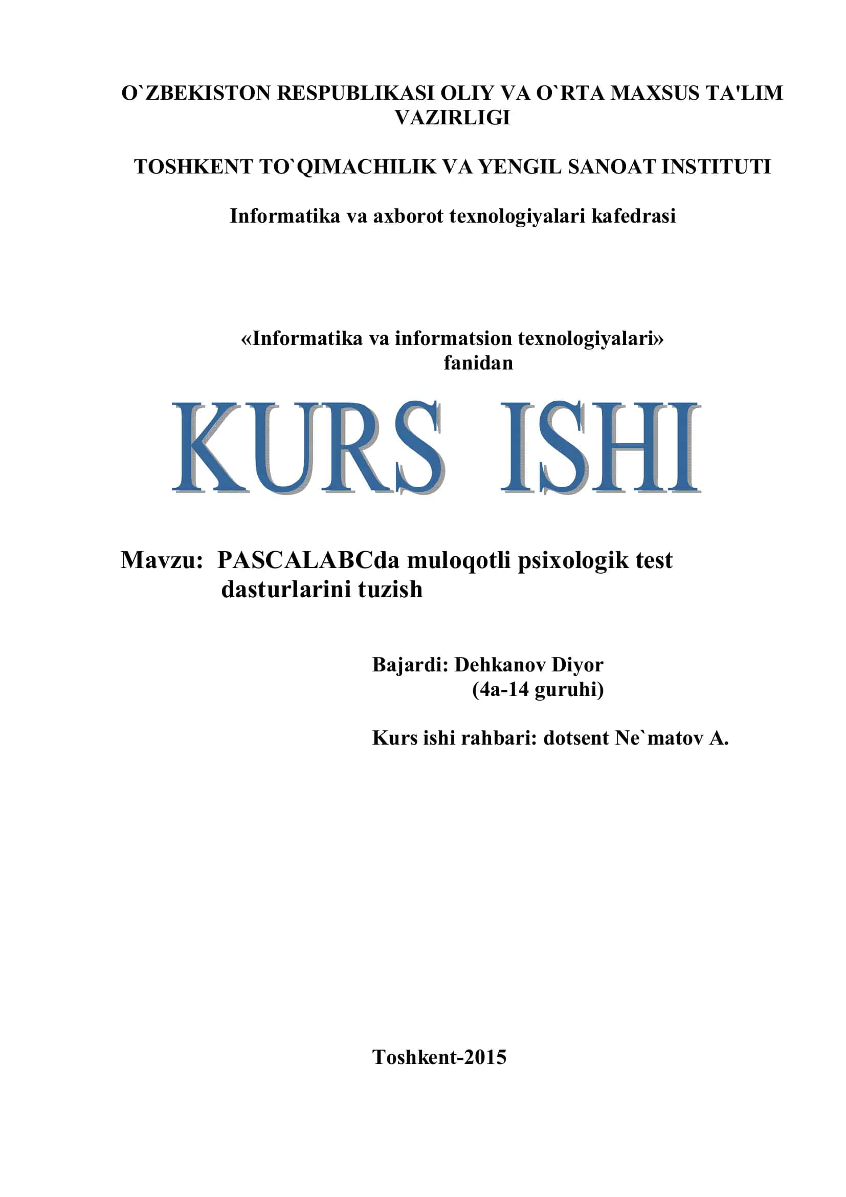 PASCALABCda muloqotli psixologik test dasturlarini tuzish 1