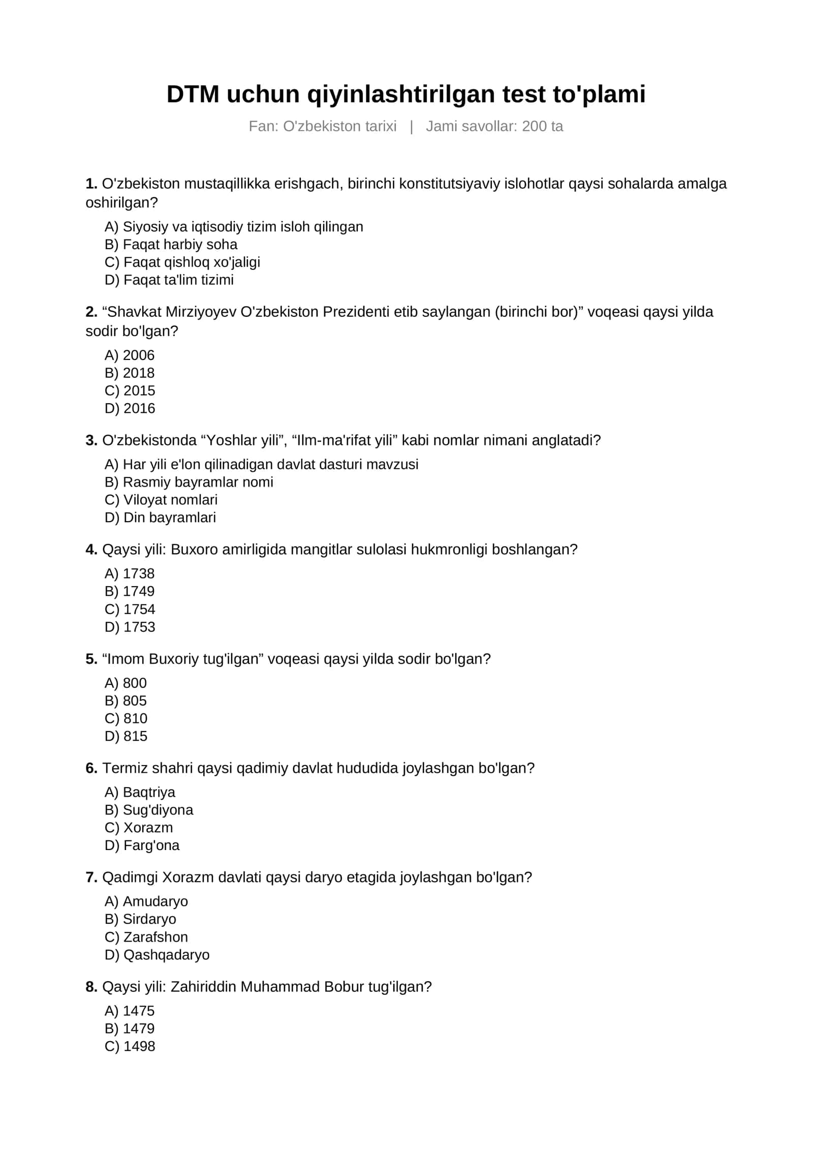 DTM uchun qiyinlashtirilgan test toʻplami 1