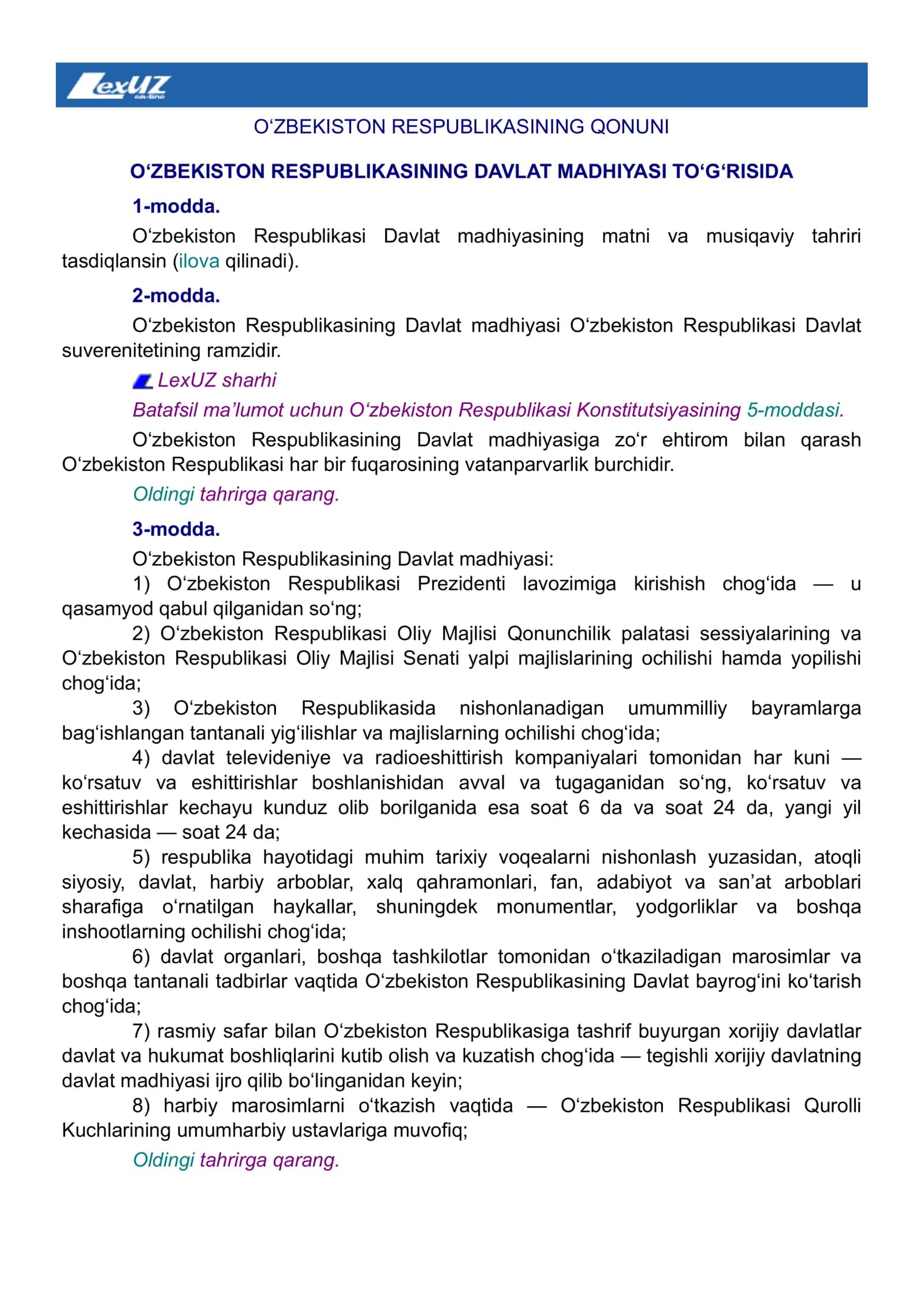 O‘ZBEKISTON RESPUBLIKASINING QONUNI 1