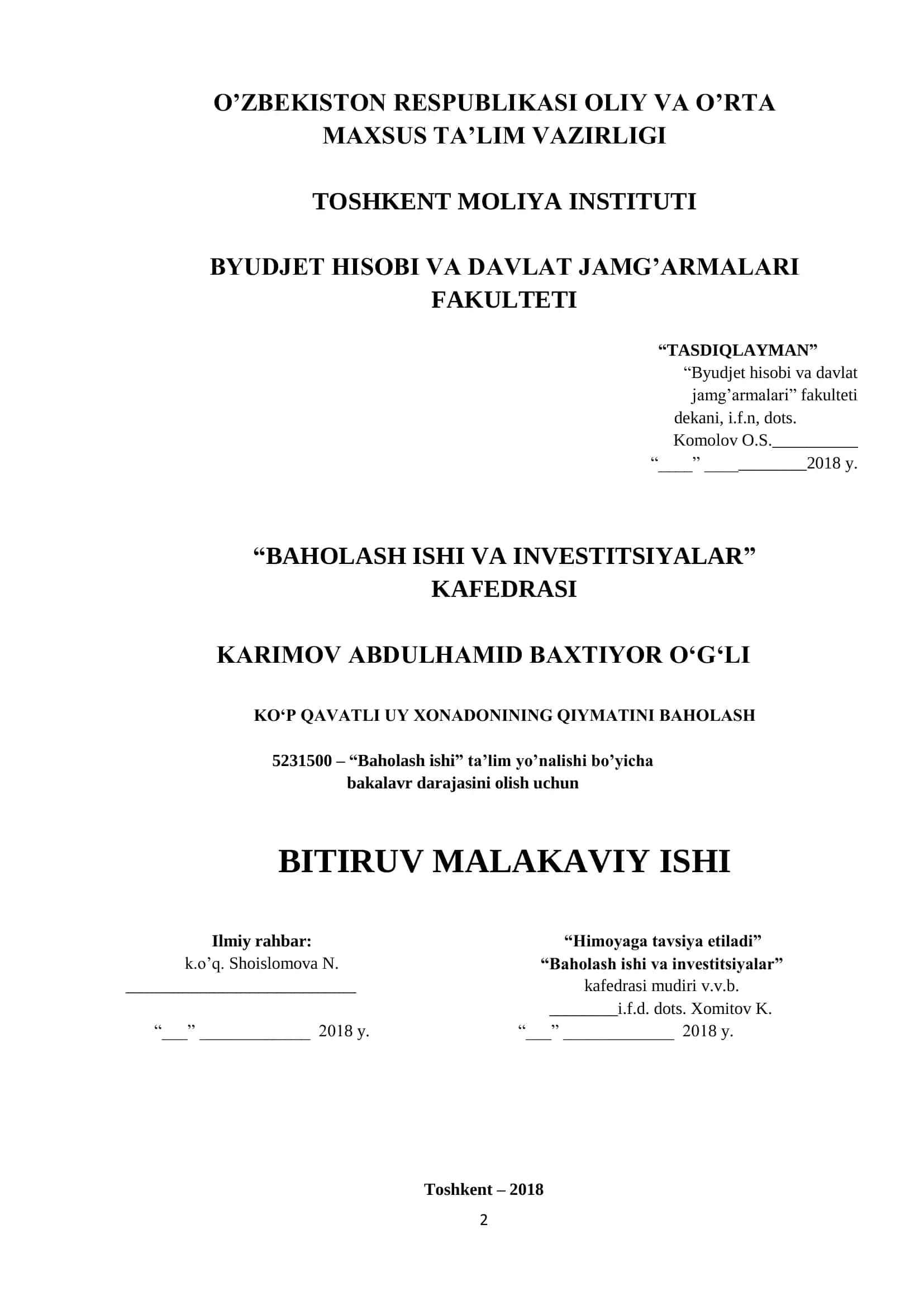 Baholash ishi va investitsiyalar 1
