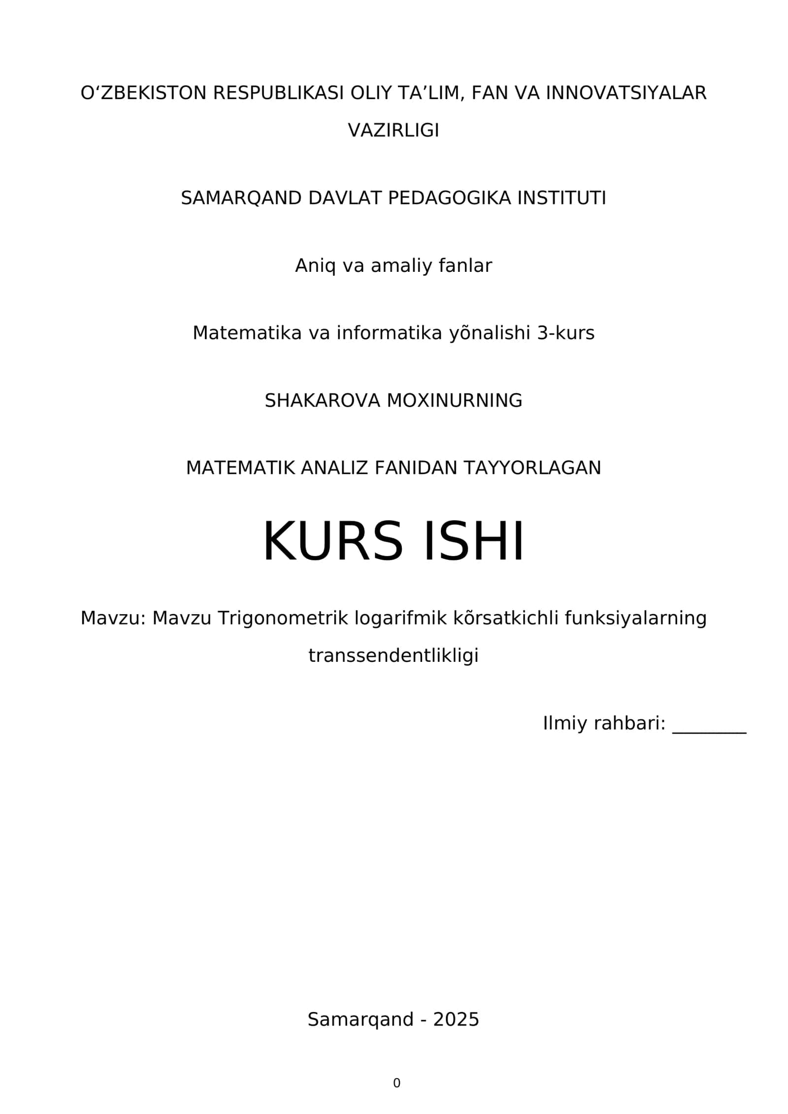 MATAMATIK ANALIZ FANIDAN TAYYORLAGAN KURS ISHI 1