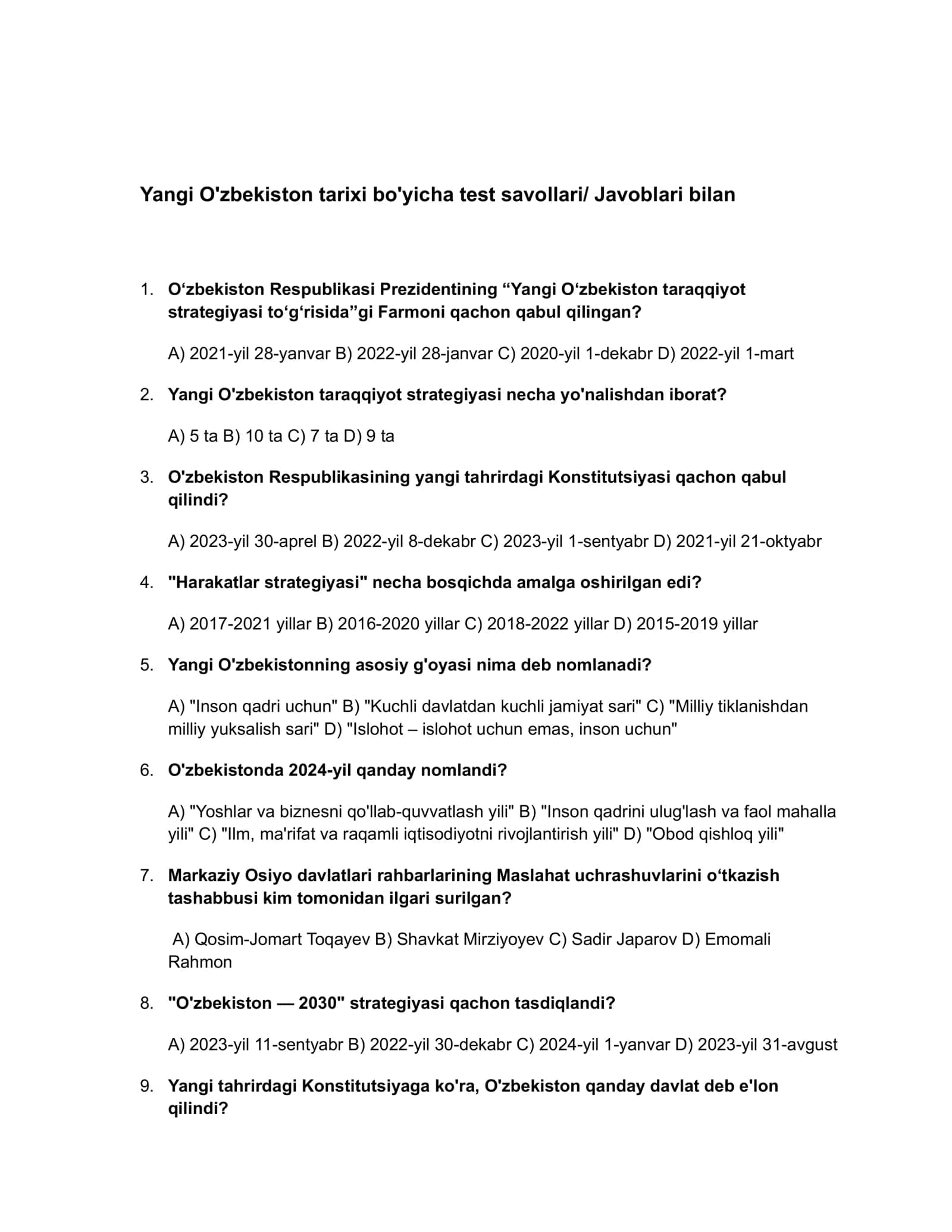 O'zbekiston eng yangi tarixi test 2026 + Javobi bilan 1