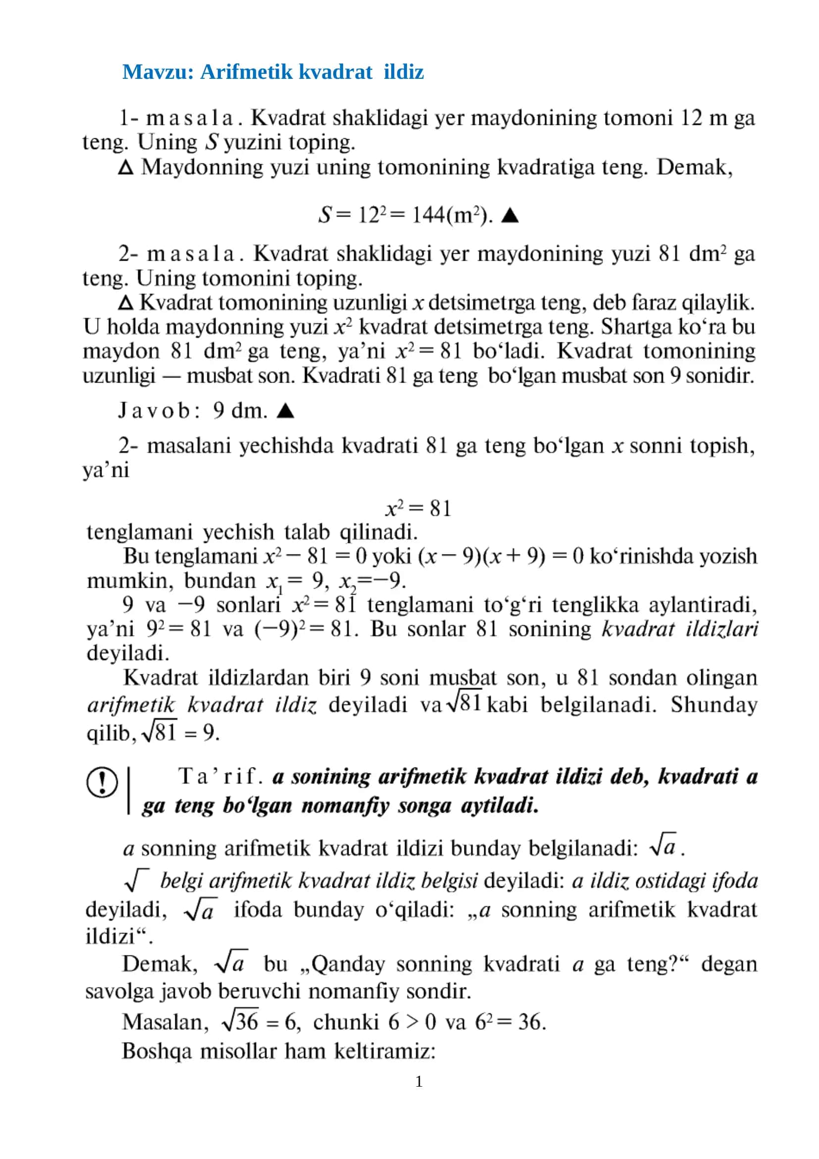 Arifmetik kvadrat ildiz 1